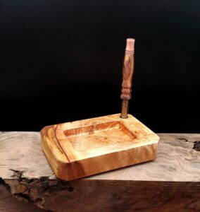 This image portrays Dynavap Prep & Sorting Tray/Stem Stand-Live Edge Elm Burl by Dovetail Woodwork.