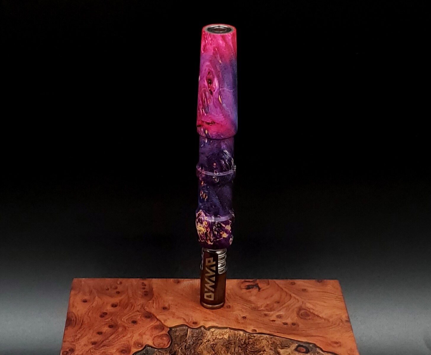 This image portrays Cosmic Burl Series XL-Dynavap Stem/Midsection by Dovetail Woodwork.