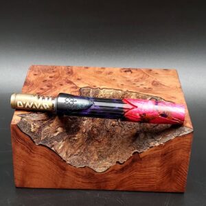 This image portrays Cosmic/Twisted Burl Series XL Hybrid-Dynavap Stem/Midsection by Dovetail Woodwork.