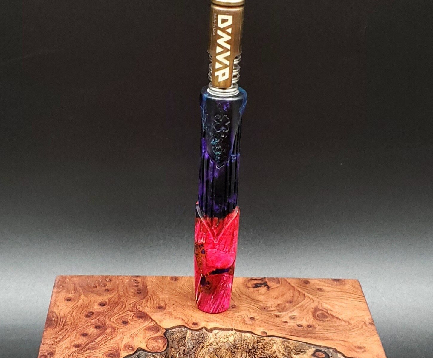 This image portrays Cosmic/Twisted Burl Series XL Hybrid-Dynavap Stem/Midsection by Dovetail Woodwork.