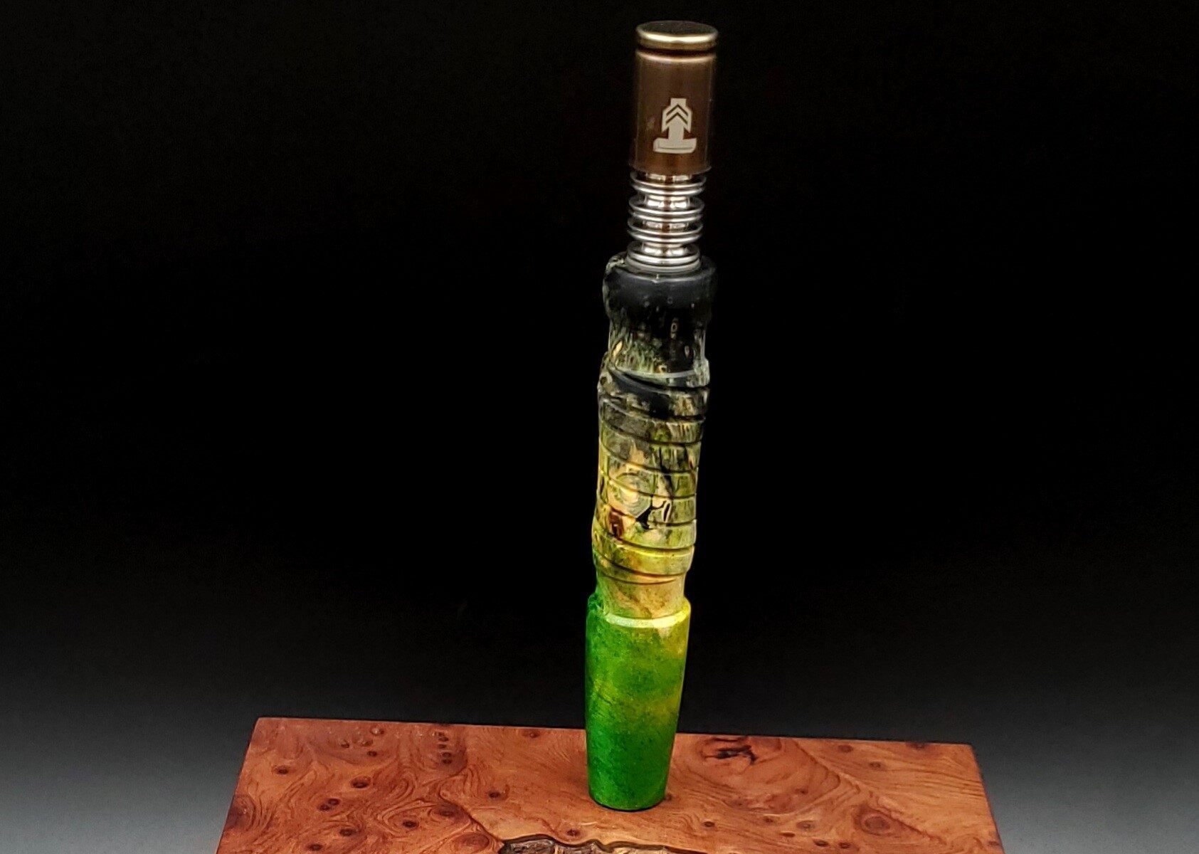 This image portrays Cosmic/Twisted Burl Series XL-Dynavap Stem/Midsection by Dovetail Woodwork.