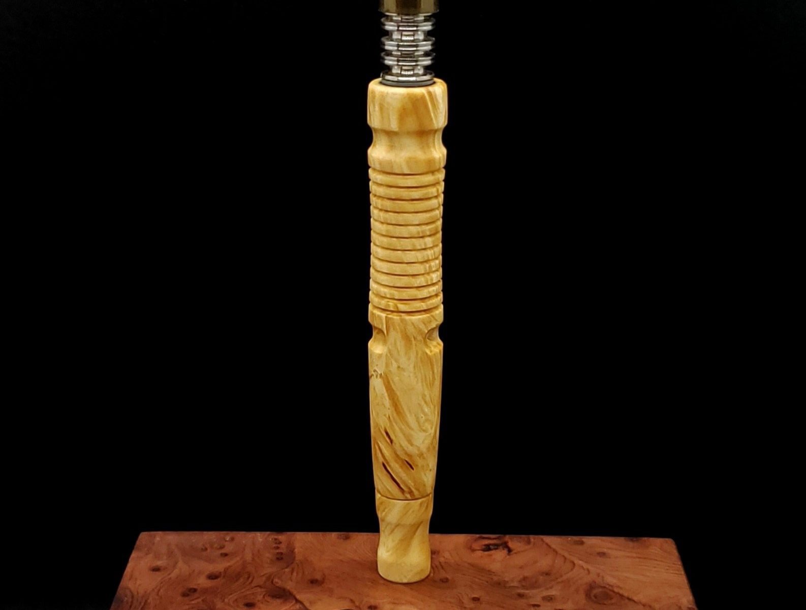 This image portrays Twisted Stems Series-Select Box Elder Burl-XL Dynavap Stem by Dovetail Woodwork.