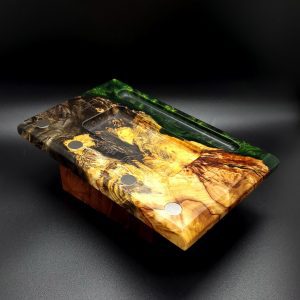 This image portrays Dynavap Stand & Sorting Tray/Stem Stand-Buckeye Burl Hybrid by Dovetail Woodwork.