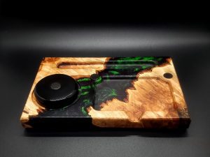This image portrays Dynavap Stand & Sorting Tray/Stem Stand-Burl Wood Hybrid by Dovetail Woodwork.