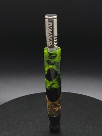 This image portrays Twisted Series-Green Shorty Hybrid-Standard Dynavap Stem by Dovetail Woodwork.