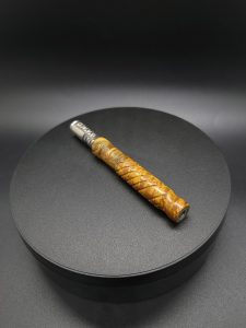 This image portrays Straight Cut XL-Maple Burl/Gold Anodized Titanium-Dynavap Stem by Dovetail Woodwork.