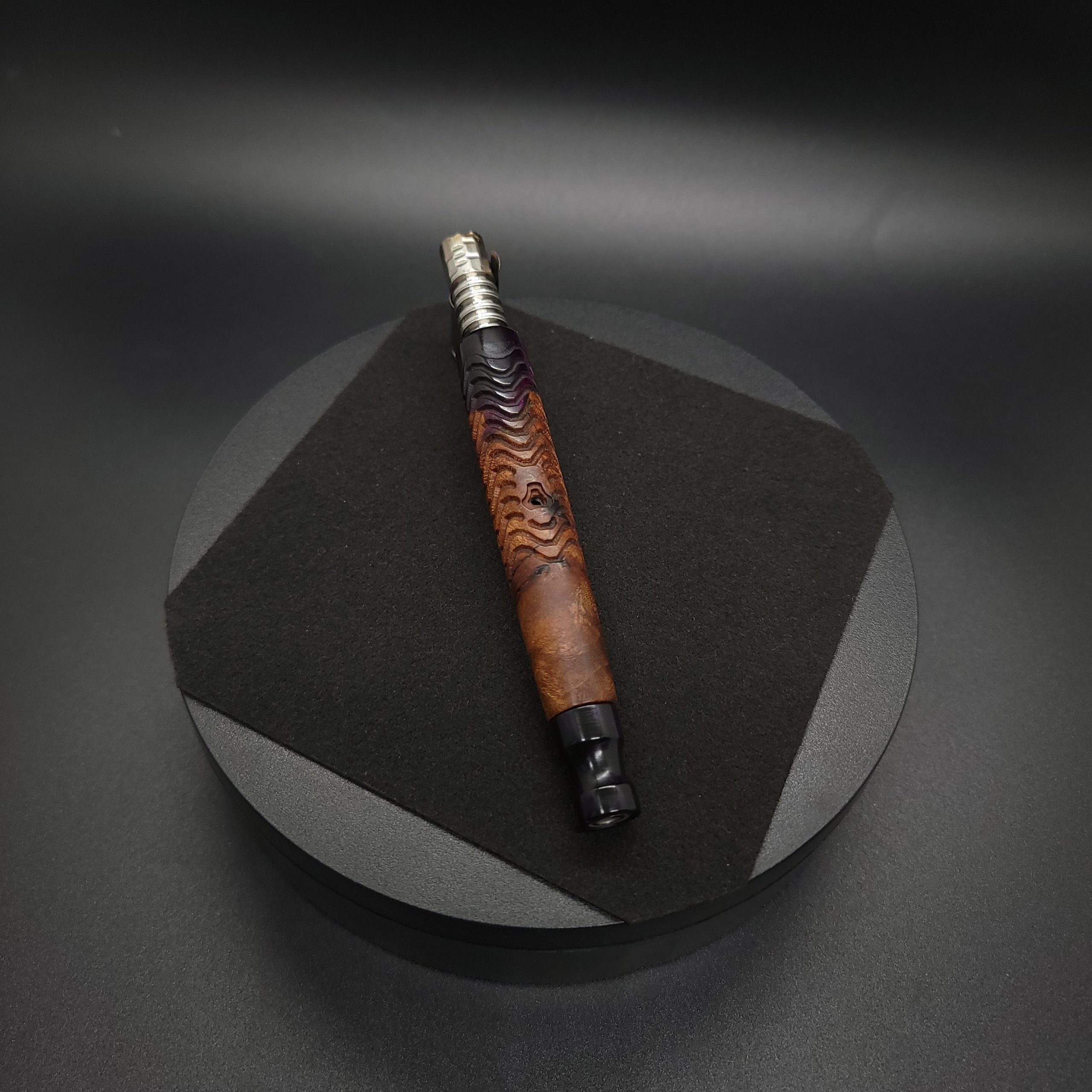 This image portrays Twisted Stems Series-Skeleton XL Dynavap Stem with Mouthpiece & XL Condenser by Dovetail Woodwork.