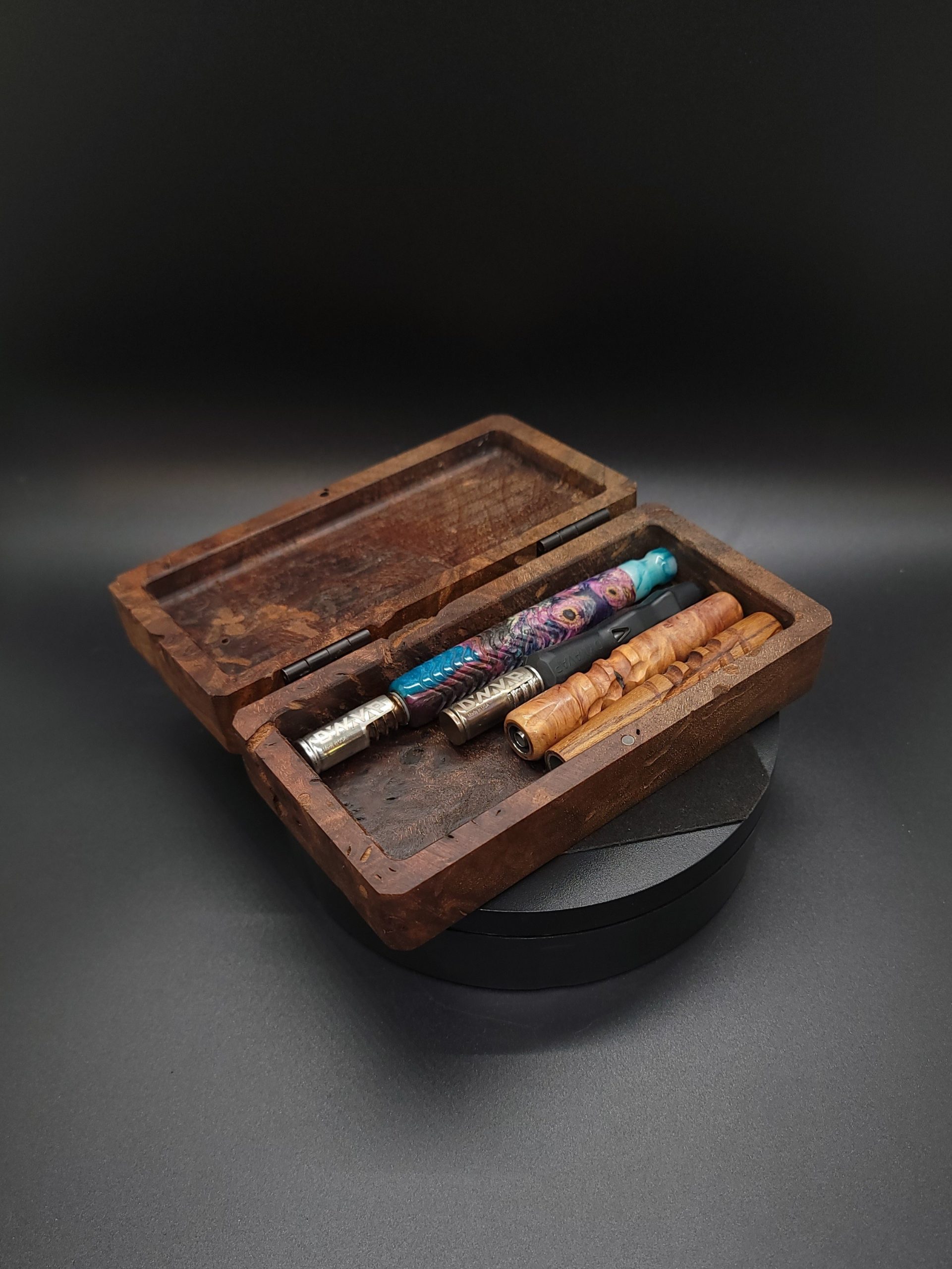This image portrays Vintage Style Claro Walnut Burl Stash Box by Dovetail Woodwork.