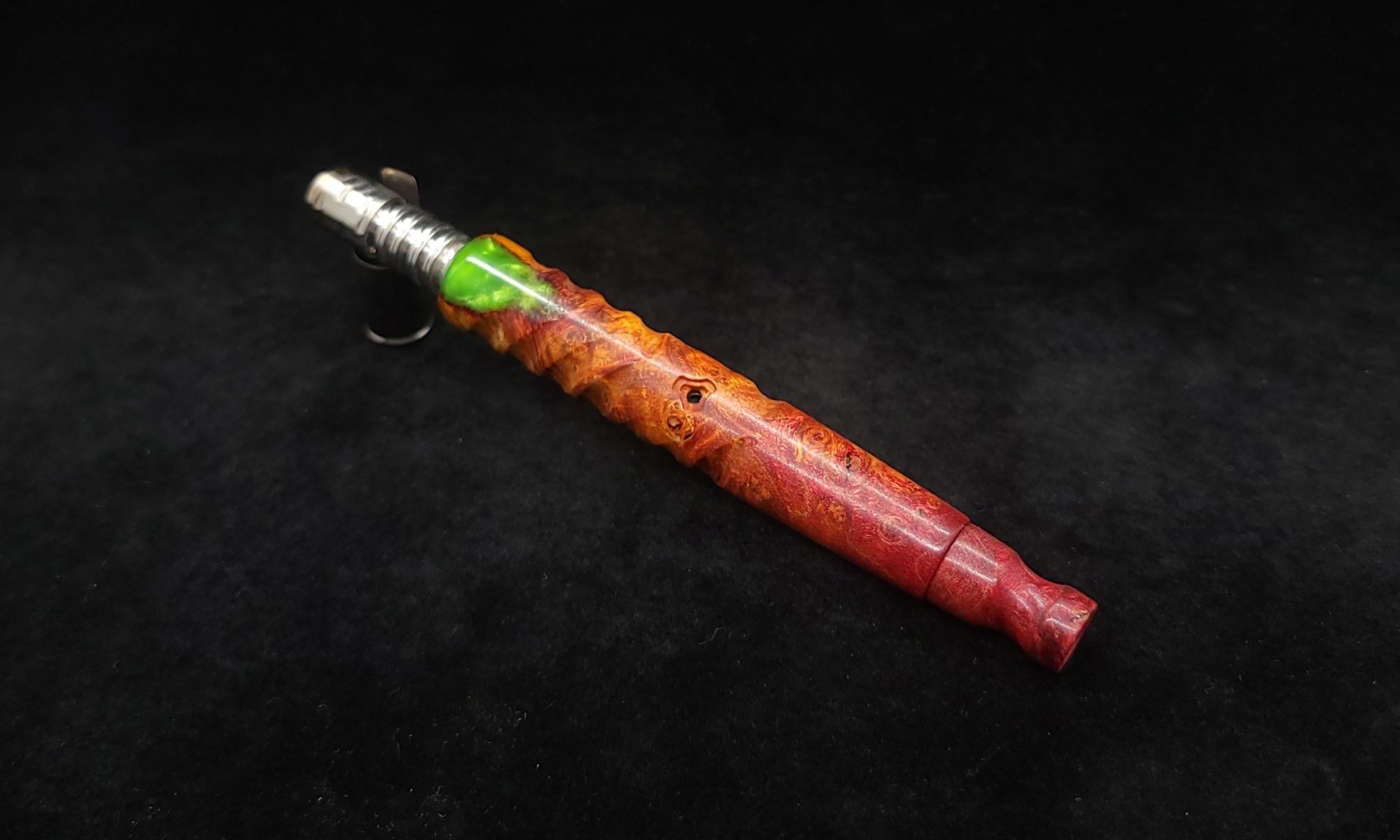 This image portrays Cosmic Burl Hybrid-Eclipse XL Dynavap Stem Matching w/Mouthpiece by Dovetail Woodwork.