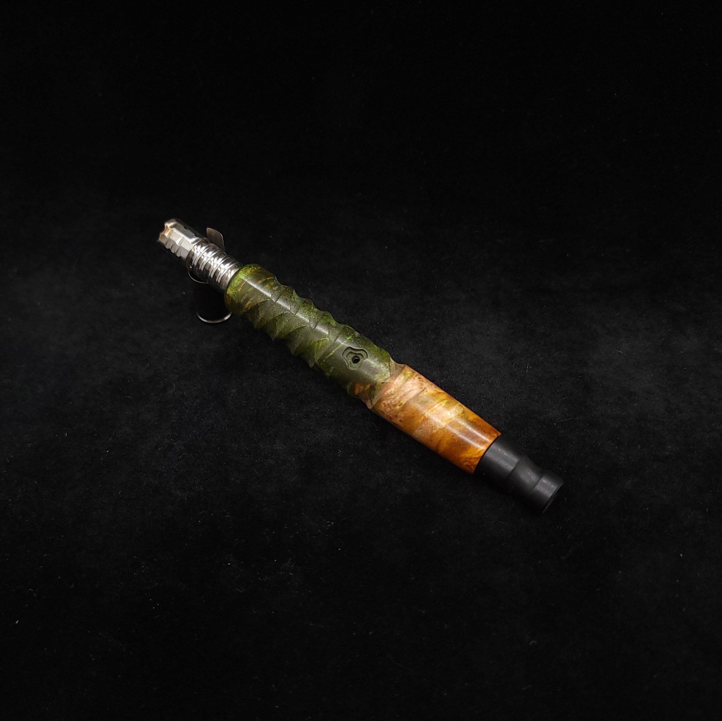 This image portrays Cosmic Burl-Eclipse XL Dynavap Stem + Matching Mouthpiece by Dovetail Woodwork.