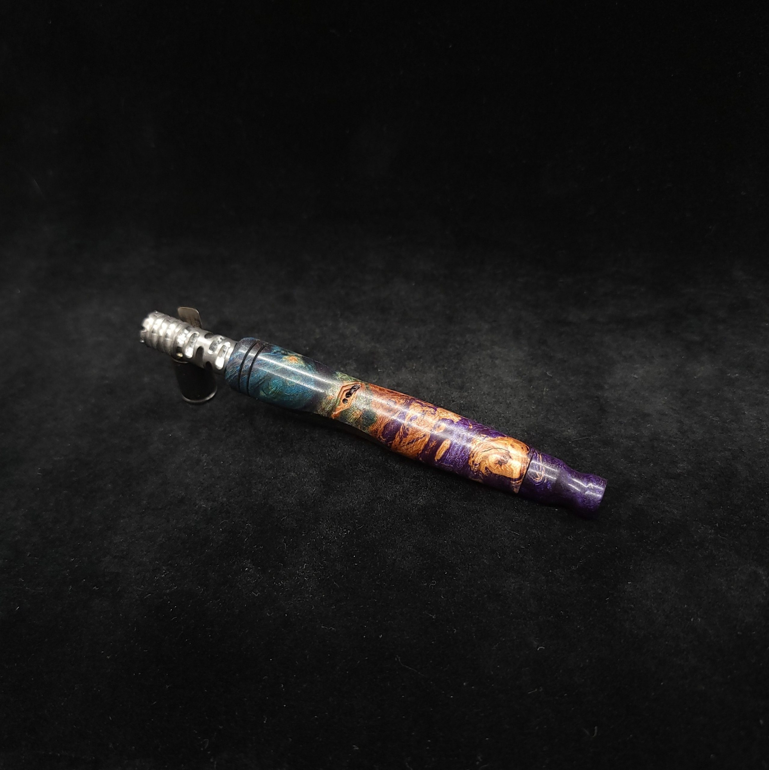 This image portrays Cosmic Burl-High Class XL Dynavap Stem + Matching Mouthpiece by Dovetail Woodwork.