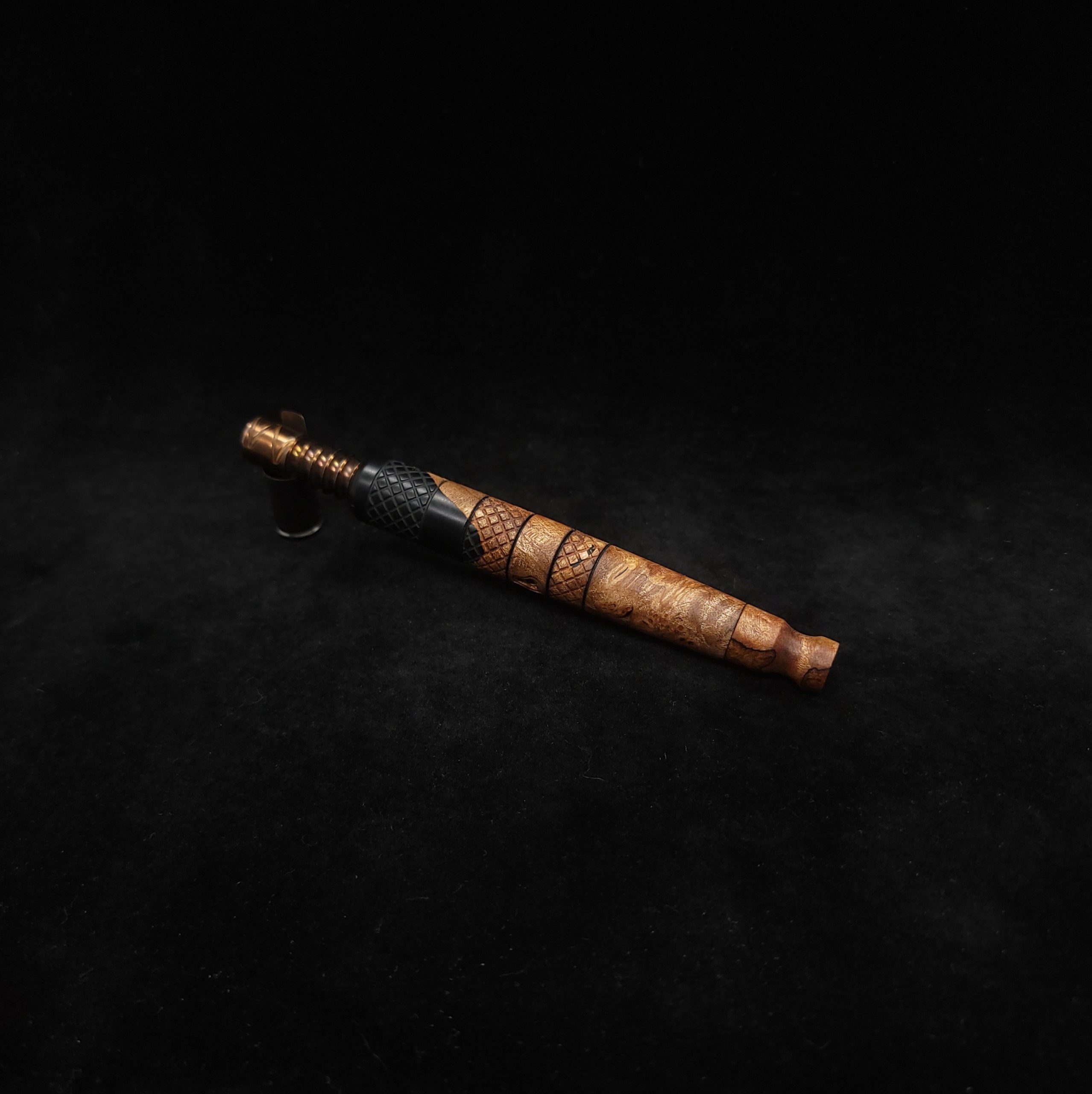 This image portrays High Class-Knurled XL Dynavap Stem/Matte Black Burl Hybrid + Matching Mouthpiece by Dovetail Woodwork.