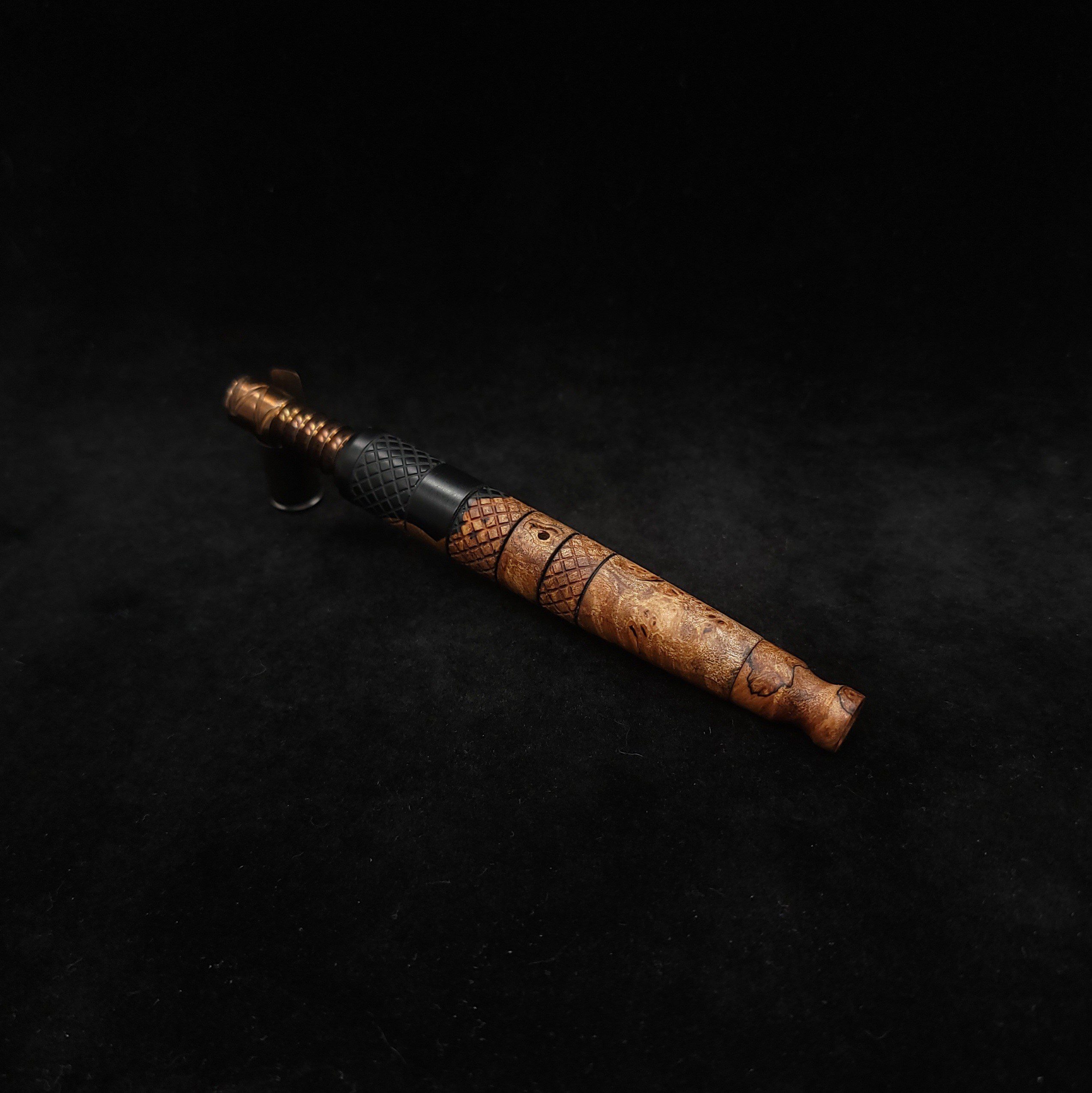 This image portrays High Class-Knurled XL Dynavap Stem/Matte Black Burl Hybrid + Matching Mouthpiece by Dovetail Woodwork.