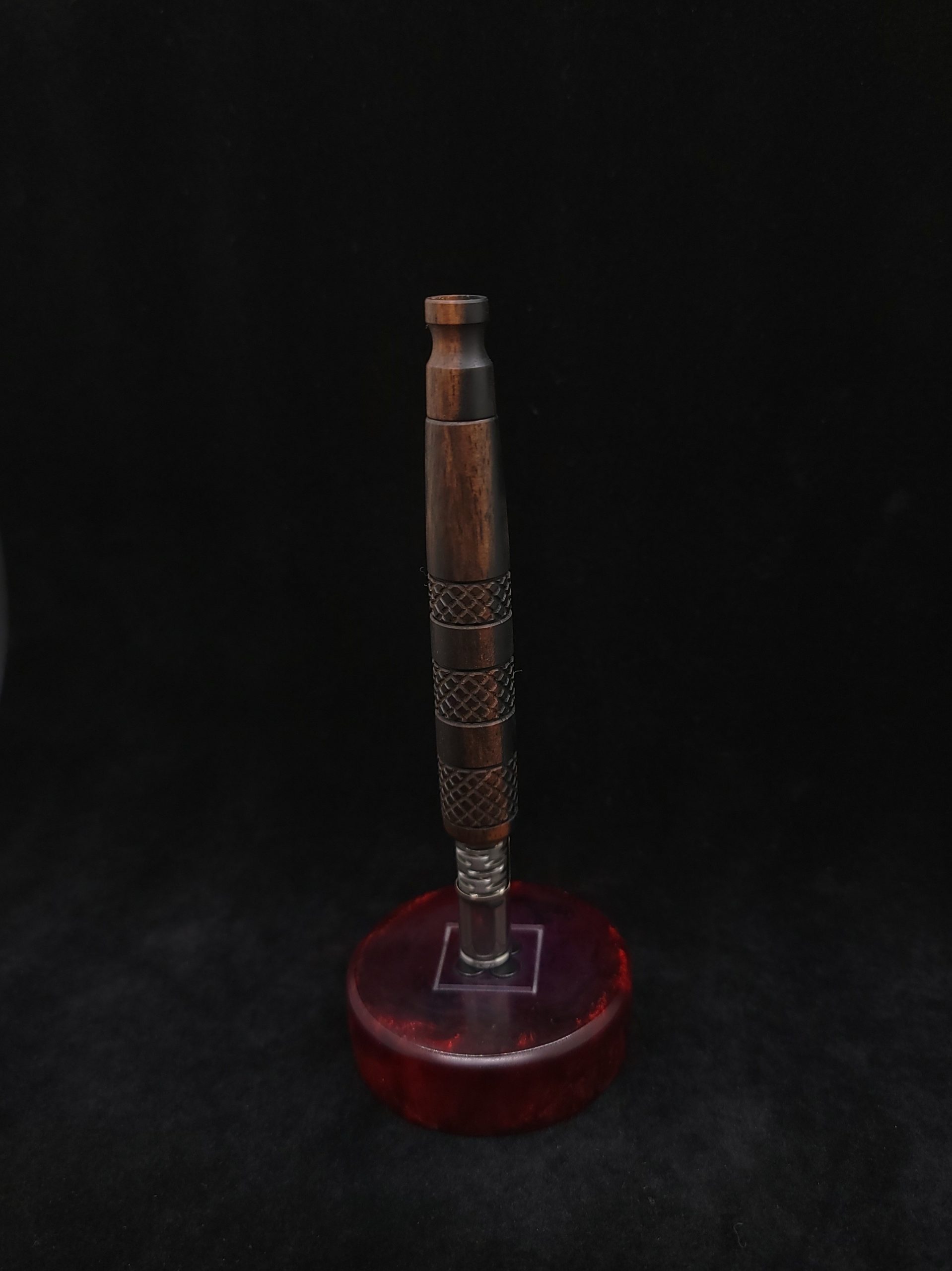 This image portrays High Class-Knurled XL Dynavap Stem/2-Tone Ebony with Matching Mouthpiece by Dovetail Woodwork.