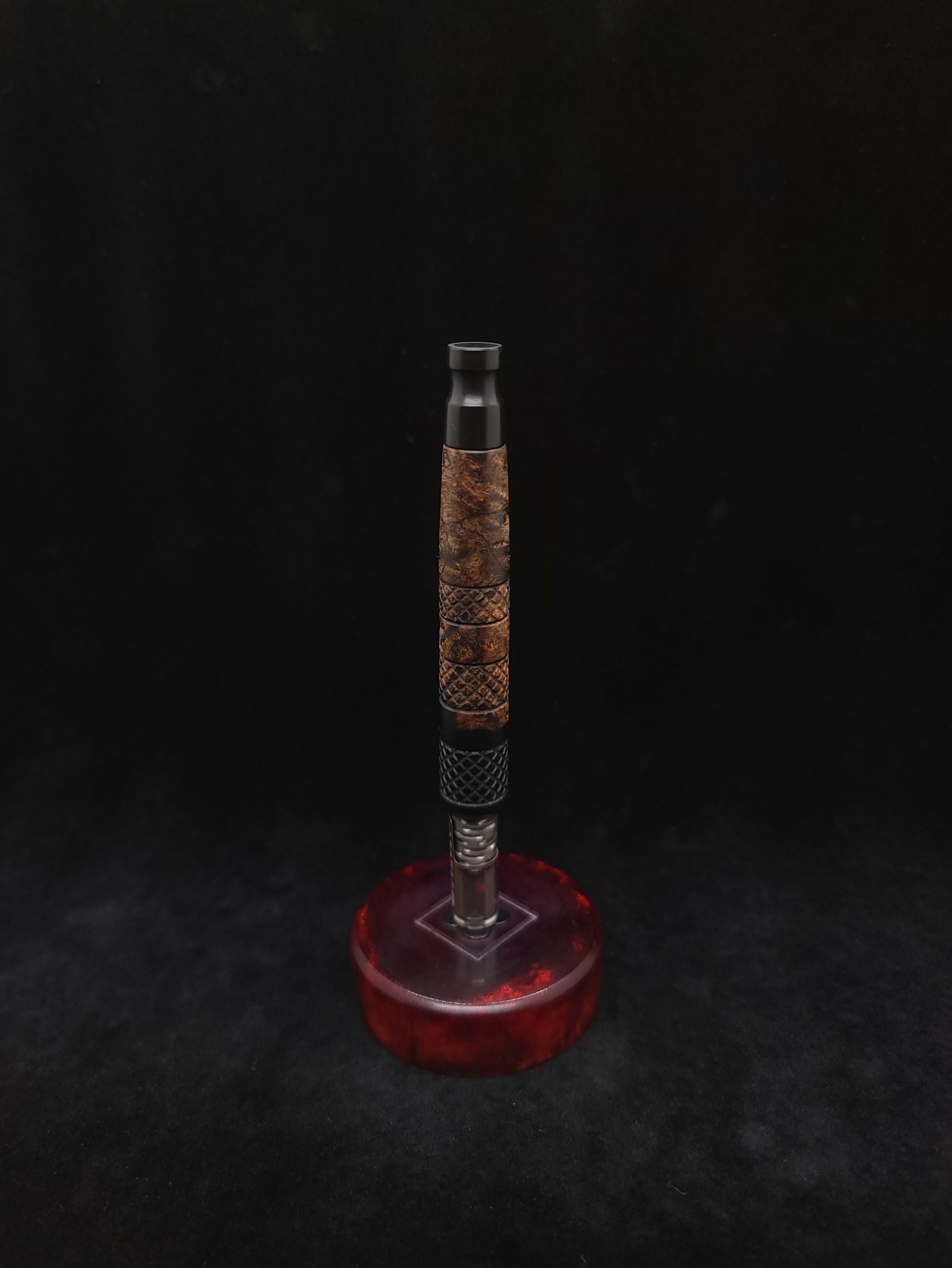 This image portrays High Class-Knurled XL Dynavap Stem/Matte Black Burl Hybrid + (2) Matching Mouthpiece by Dovetail Woodwork.