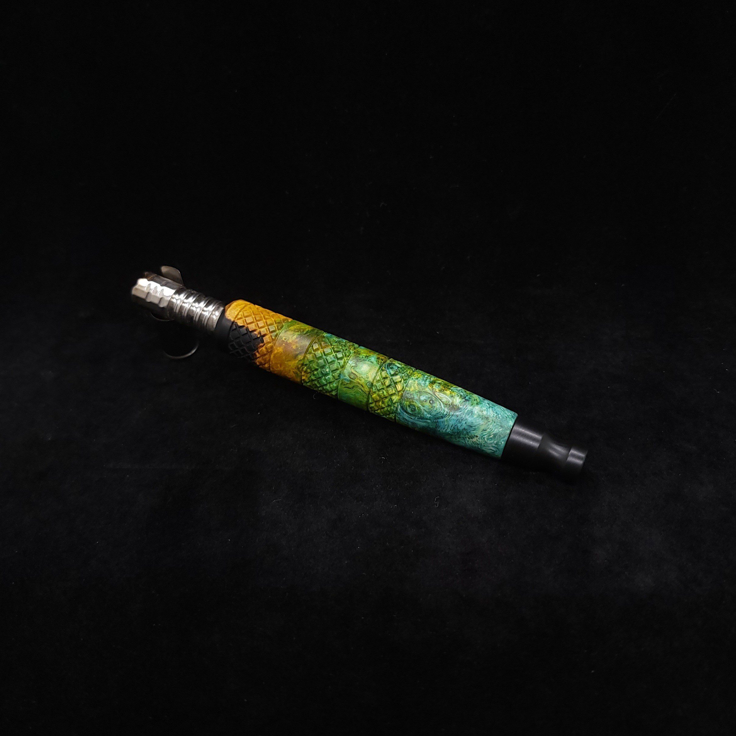 This image portrays High Class-Knurled XL Dynavap Stem/Cosmic Burl Hybrid + Matching Mouthpiece by Dovetail Woodwork.