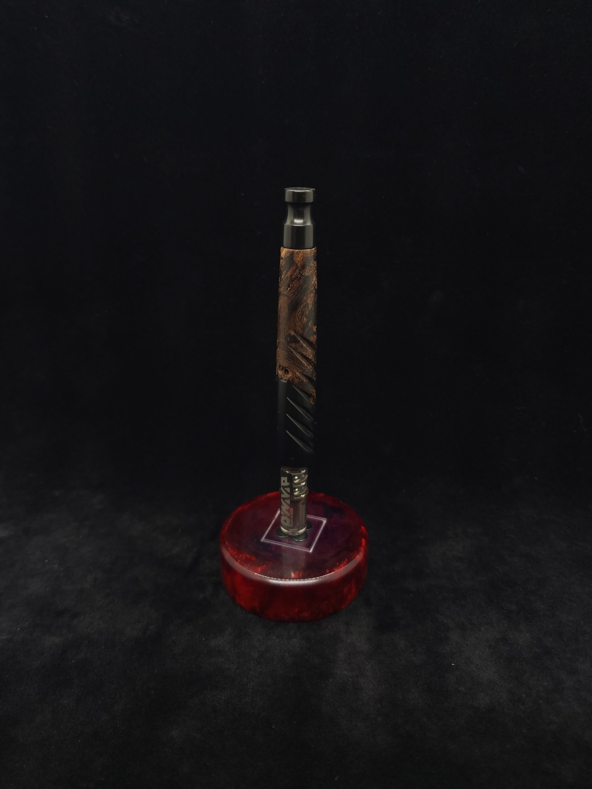 This image portrays Reaper XL Dynavap Stem/Burl Wood Hybrid+Black Matching Mouthpiece by Dovetail Woodwork.