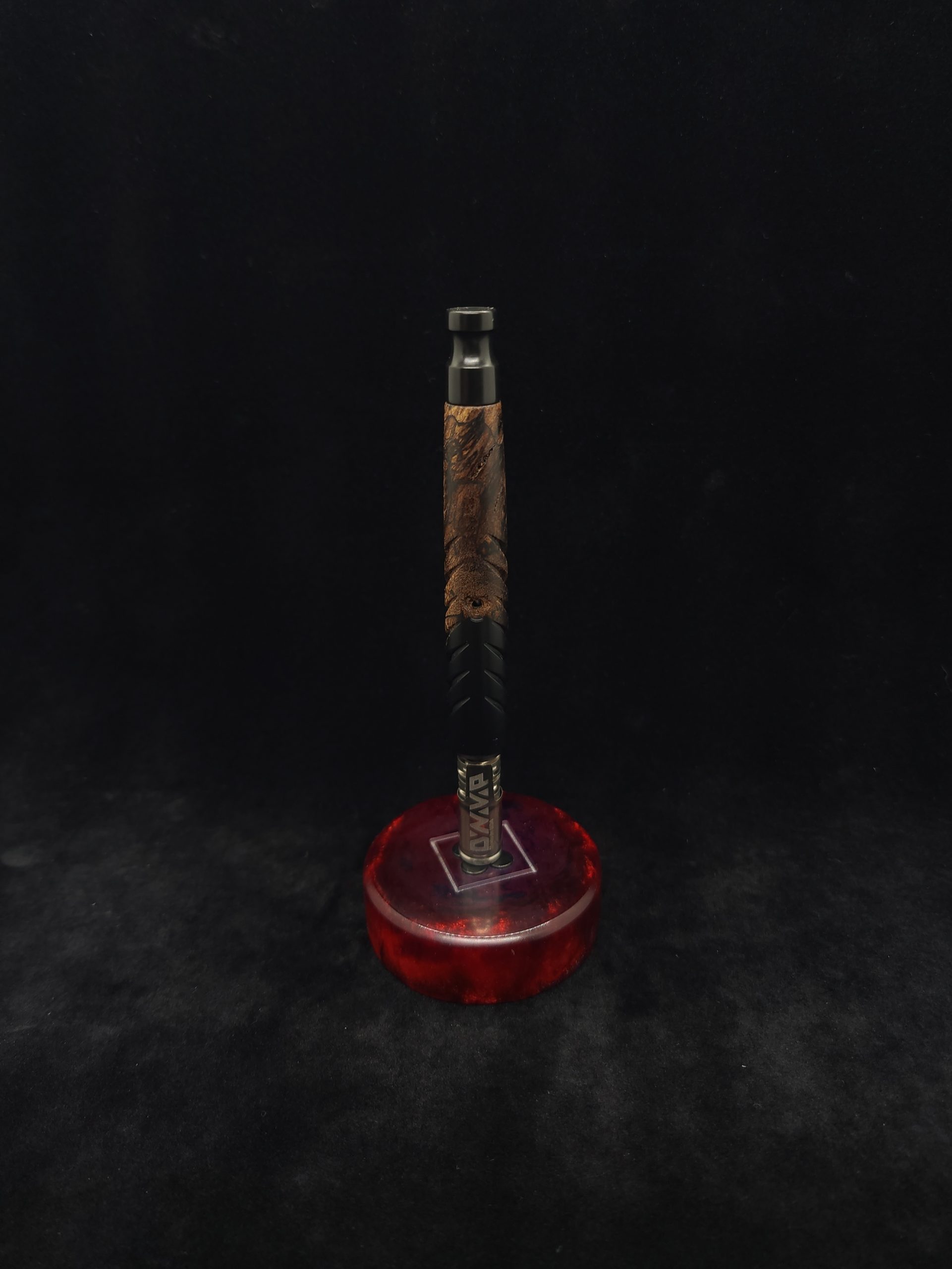 This image portrays Reaper XL Dynavap Stem/Burl Wood Hybrid+Black Matching Mouthpiece by Dovetail Woodwork.
