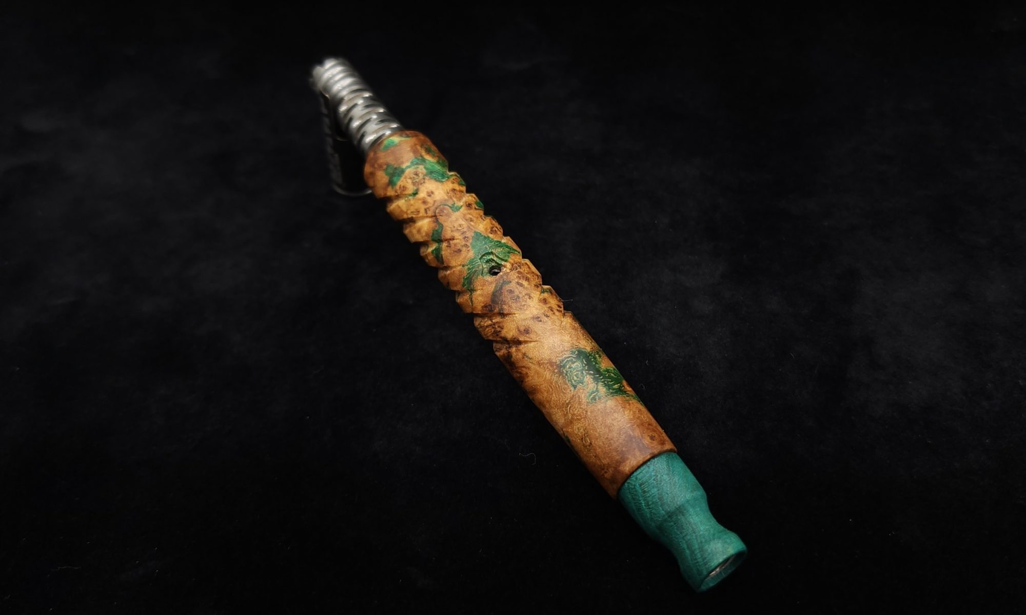 This image portrays Reaper XL Dynavap Stem/Burl Wood+Matching Mouthpiece by Dovetail Woodwork.