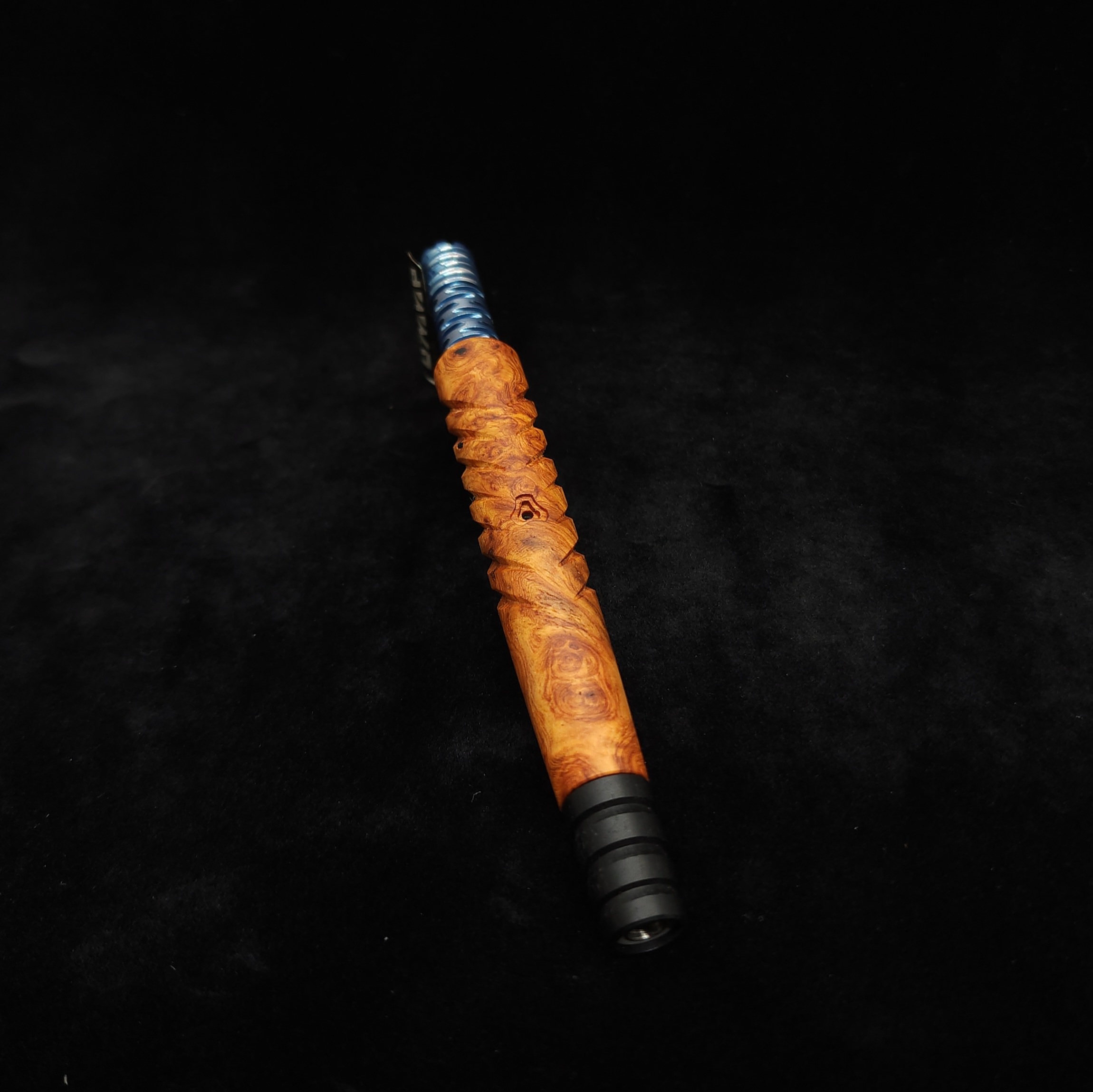 This image portrays Reaper XL Dynavap Stem/Amboyna Burl + Ebony Reaper Mouthpiece by Dovetail Woodwork.