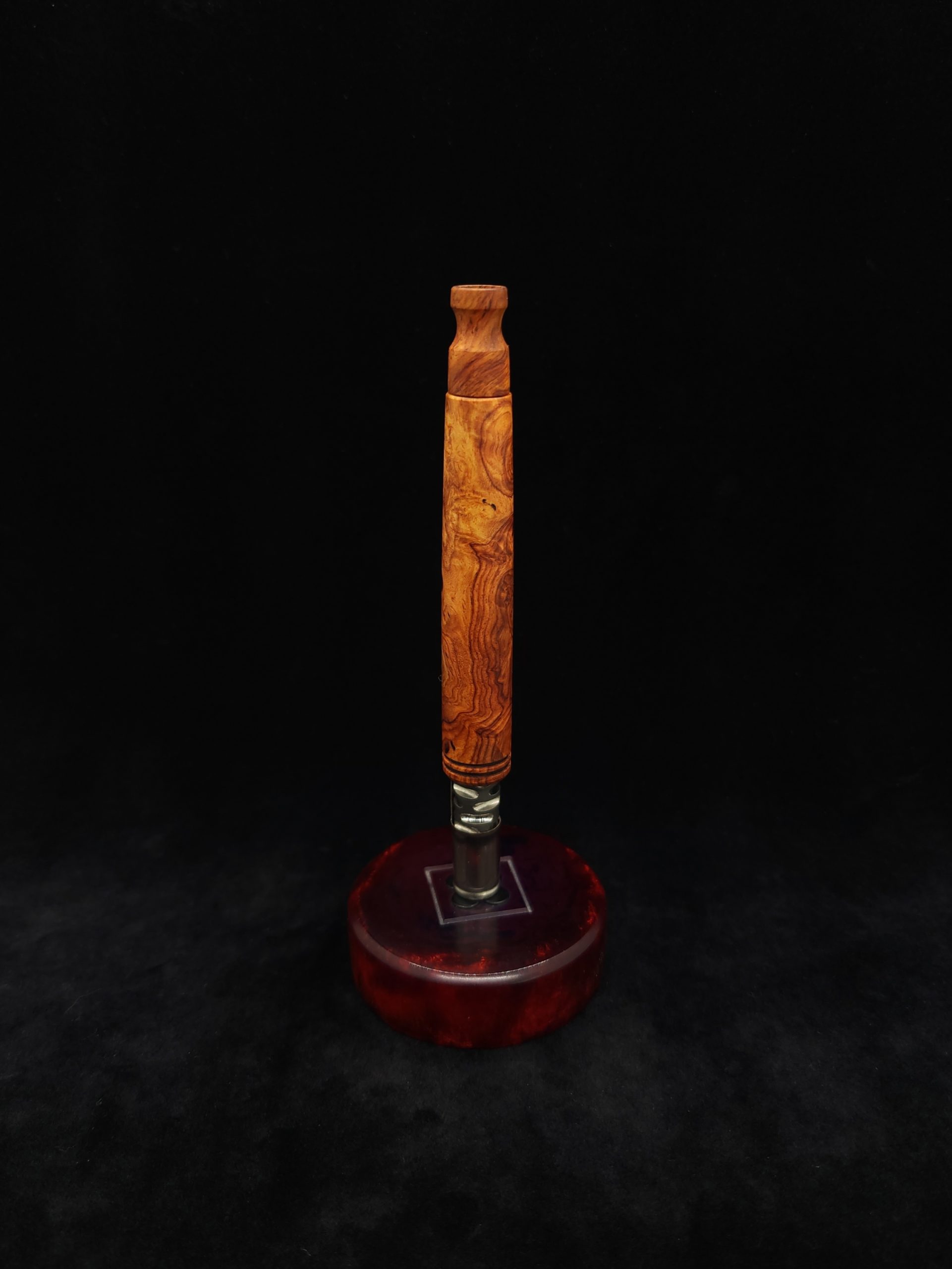 This image portrays Straight Taper XL Dynavap Stem + Amboyna Burl+Matching Mouthpiece by Dovetail Woodwork.