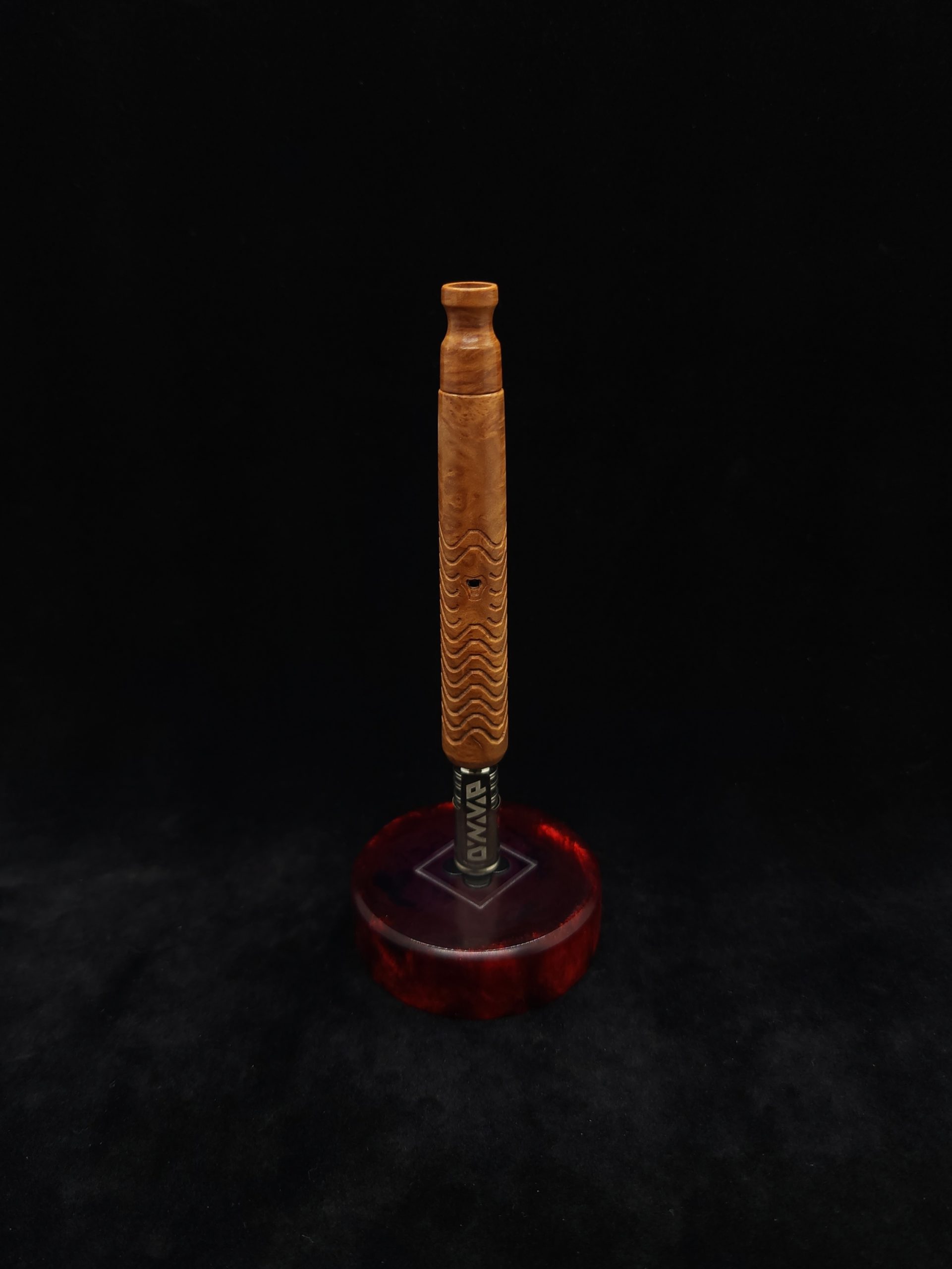 This image portrays Skeleton XL Dynavap Stem-Yellowbox Burl with Matching Mouthpiece by Dovetail Woodwork.