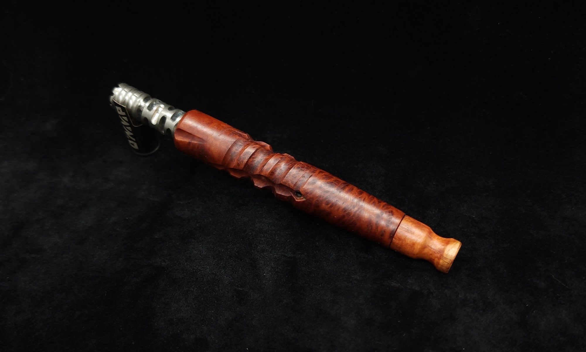 This image portrays Downward Spiral XL-Red Malle Burl + Mouthpiece-Dynavap Stem by Dovetail Woodwork.
