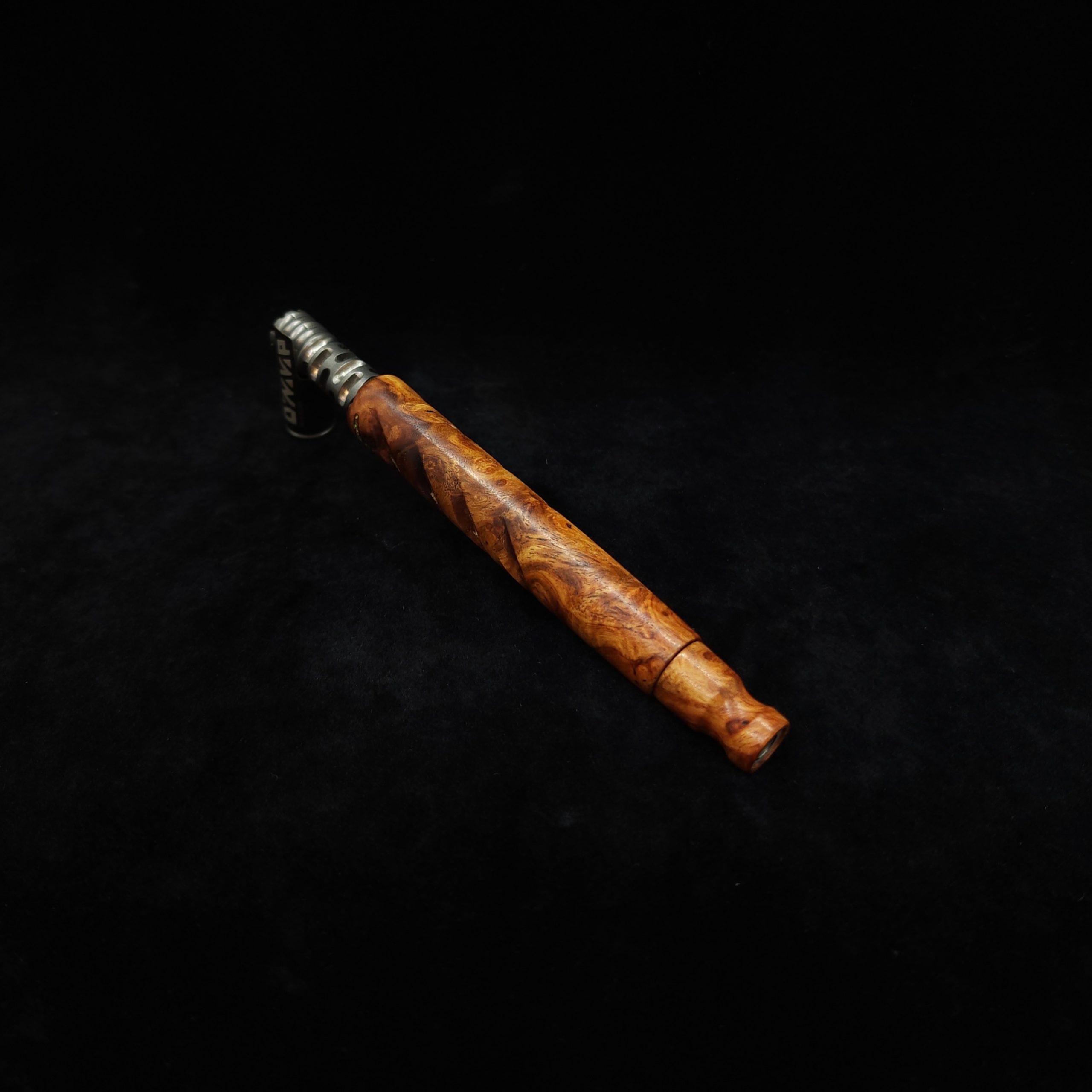This image portrays Trigonous Hybrid-Eclipse XL Dynavap Stem w/Olive Green Opal Inlays+Mouthpiece by Dovetail Woodwork.