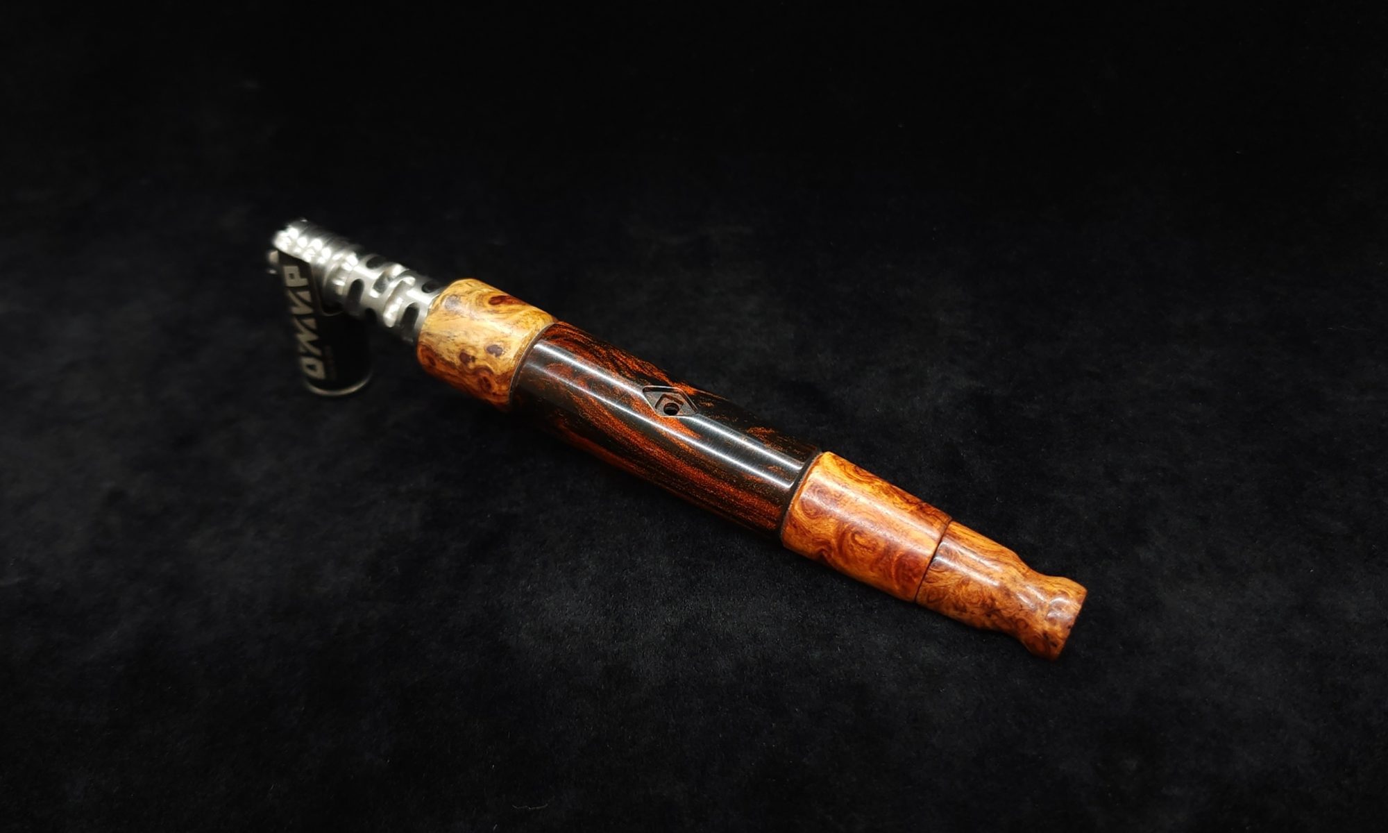 This image portrays Straight Taper XL Dynavap Stem + Amboyna Burl Hybrid+M.P. by Dovetail Woodwork.