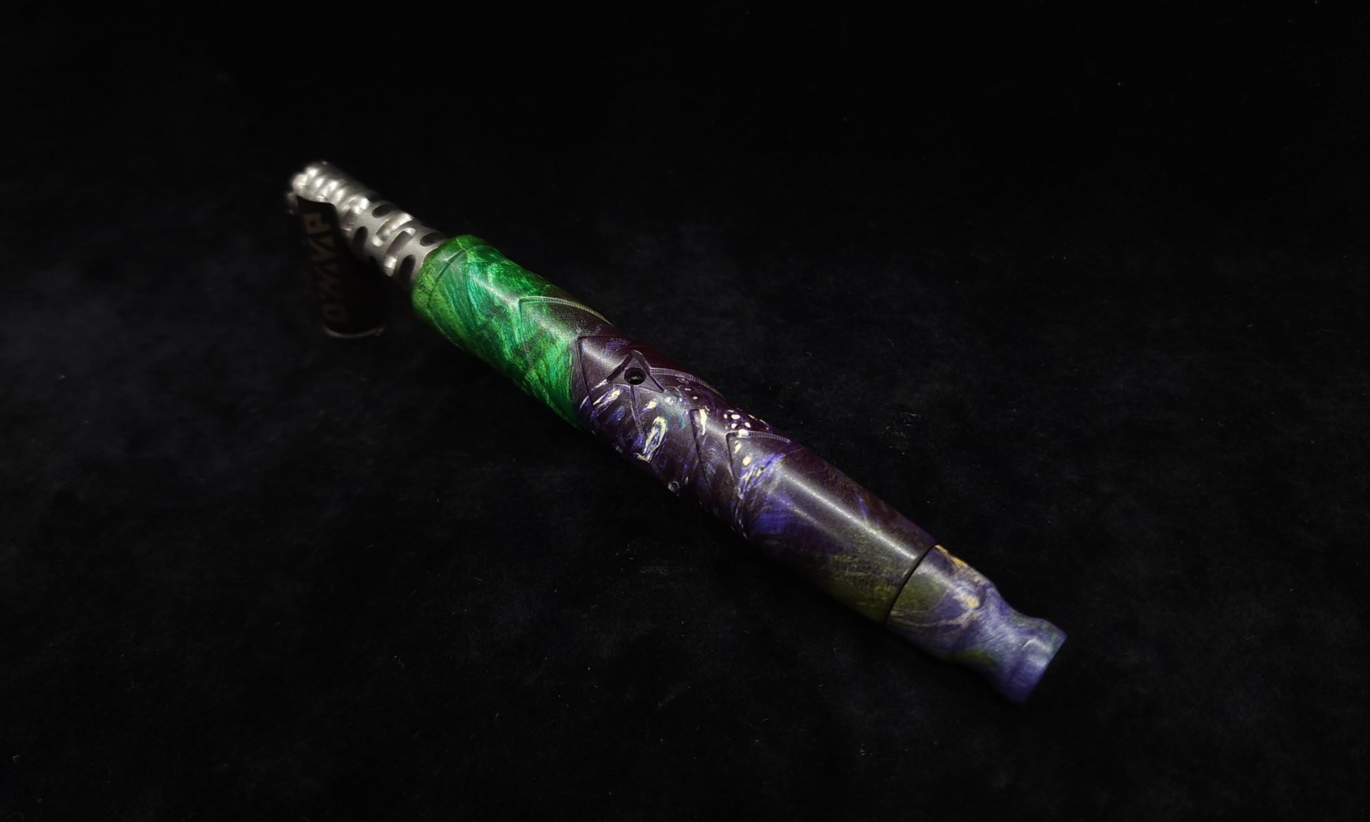 This image portrays V-7 Dynavap XL Cosmic Burl Stem + Matching Hybrid Mouthpiece by Dovetail Woodwork.