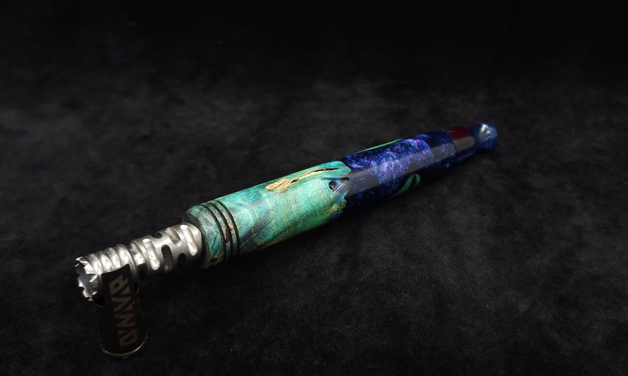 This image portrays Straight Taper Cosmic Galaxy XL Dynavap Stem+Matching M.P. by Dovetail Woodwork.