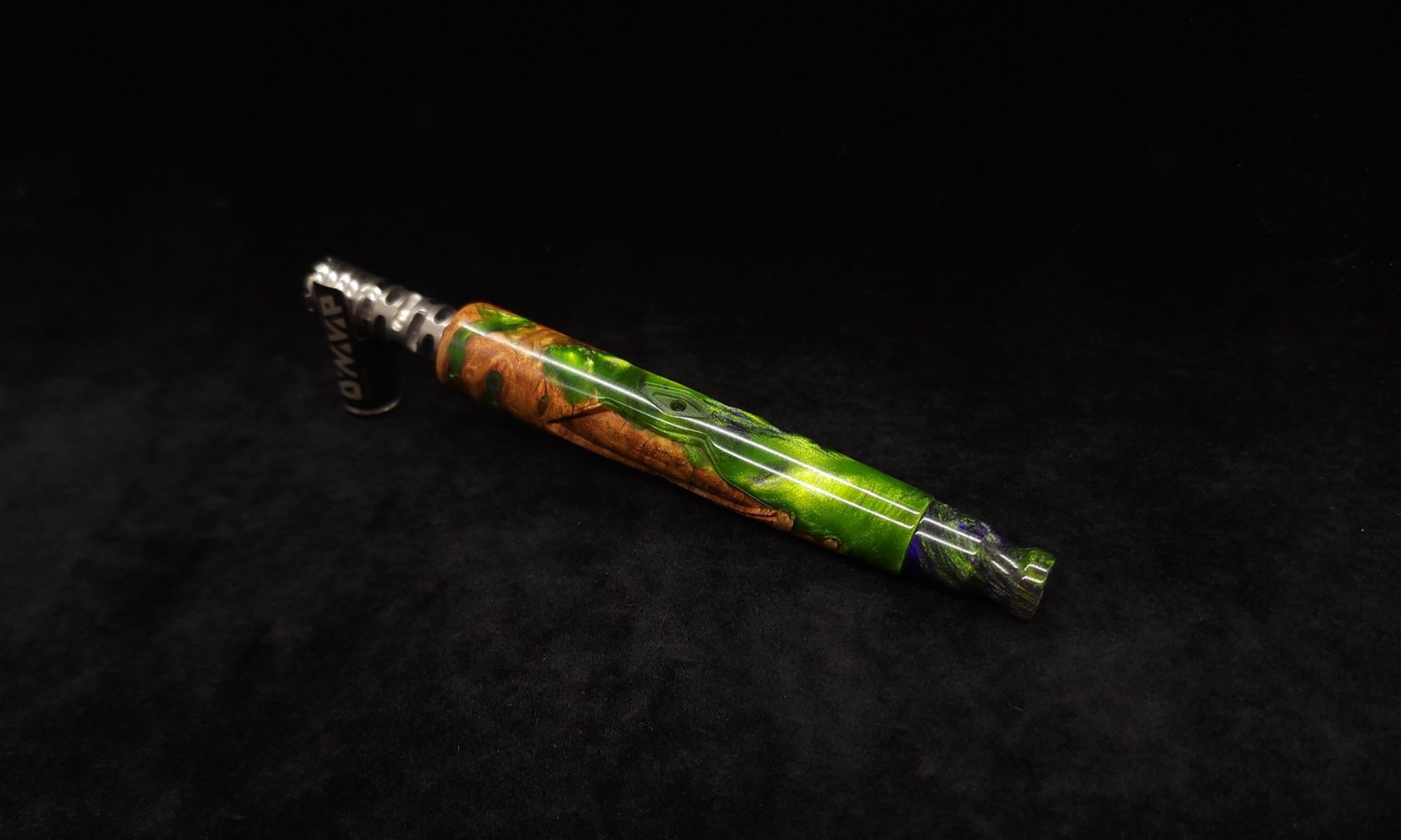 This image portrays Clutch Dynavap XL Burl Hybrid Stem + Matched Mouthpiece by Dovetail Woodwork.