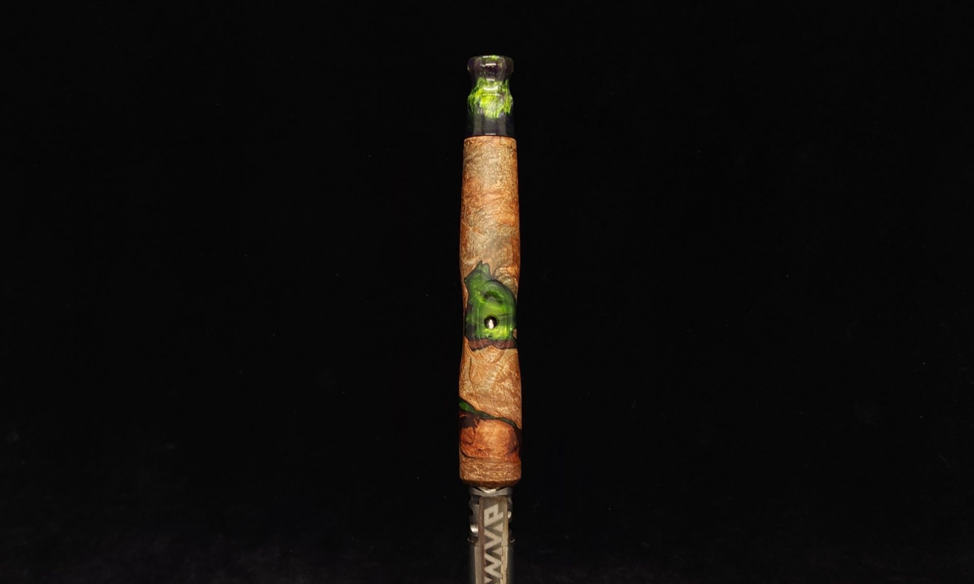 This image portrays Straight Tapered Dynavap XL Burl Hybrid Stem + Matching Mouthpiece by Dovetail Woodwork.