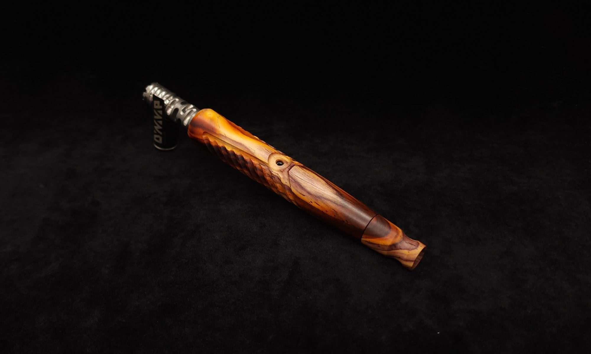 This image portrays Diagonal Slant Dynavap XL Burl Stem + Matching Mouthpiece by Dovetail Woodwork.