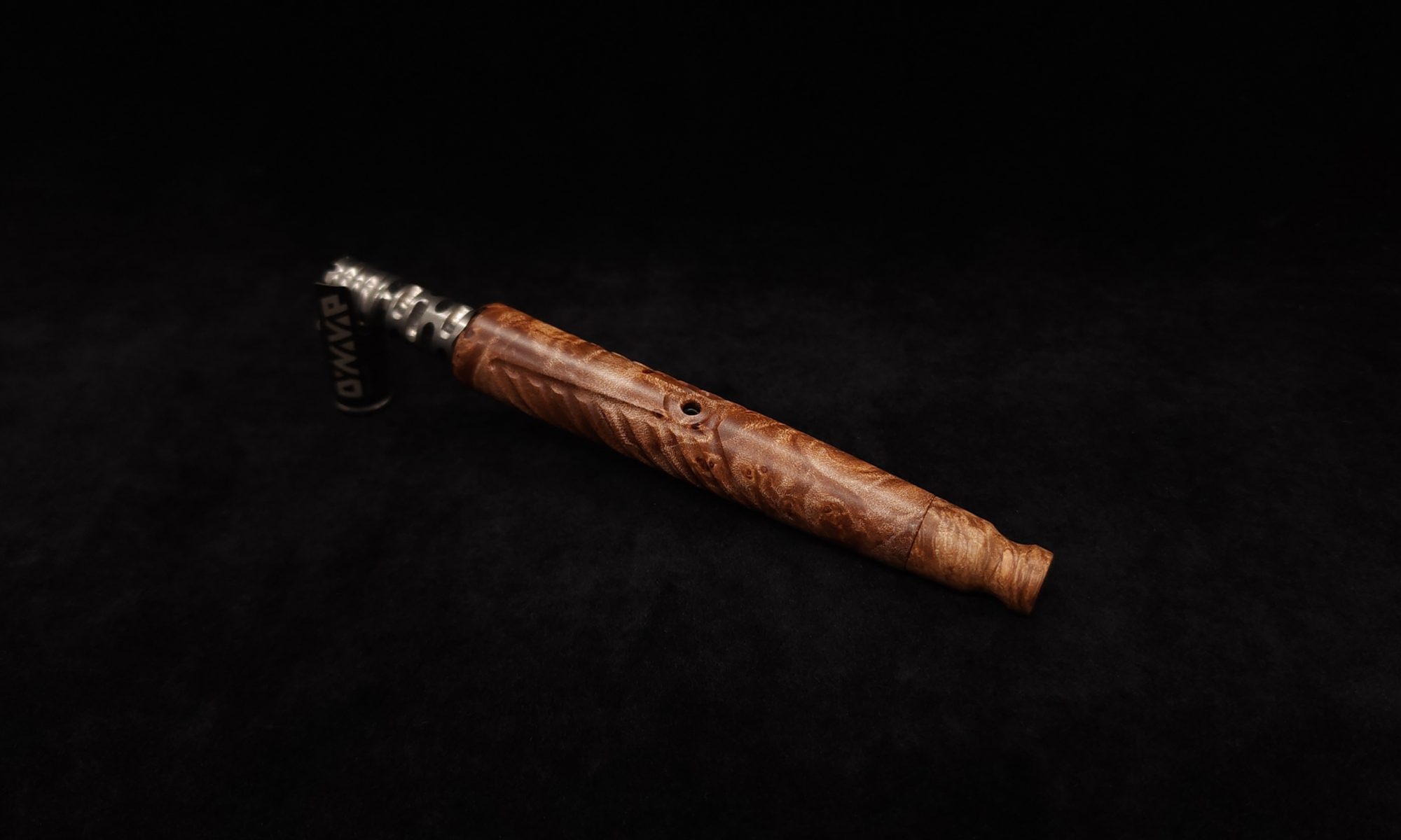 This image portrays Diagonal Slant Dynavap XL Premium Burl Stem + Matching Mouthpiece by Dovetail Woodwork.