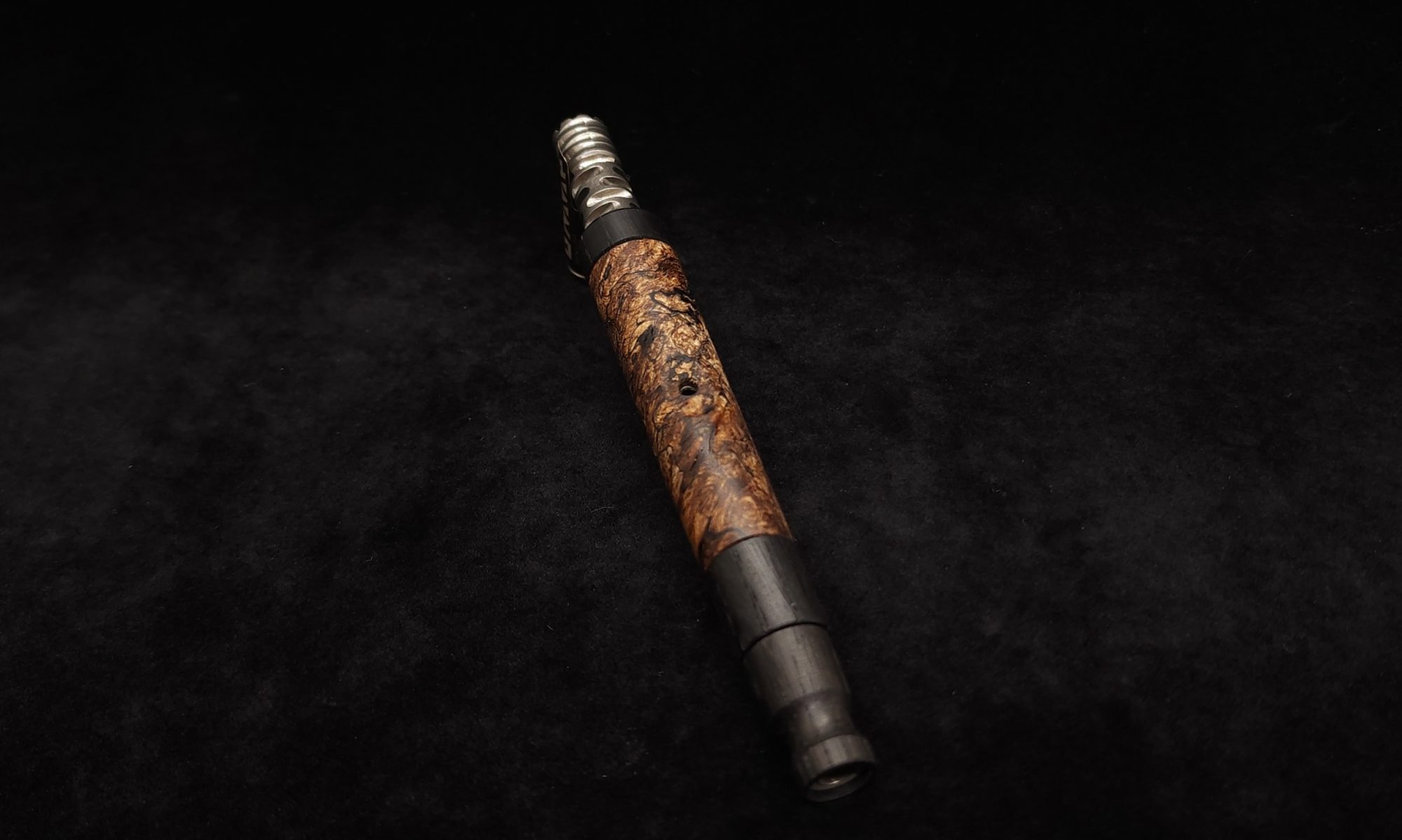 This image portrays Straight Tapered Dynavap XL Burl Hybrid Stem + Matching Mouthpiece by Dovetail Woodwork.