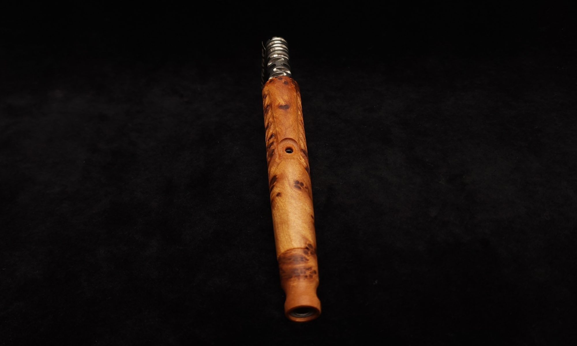 This image portrays Diagonal Slant Dynavap XL Premium Thuya Burl Stem + Matching Mouthpiece by Dovetail Woodwork.