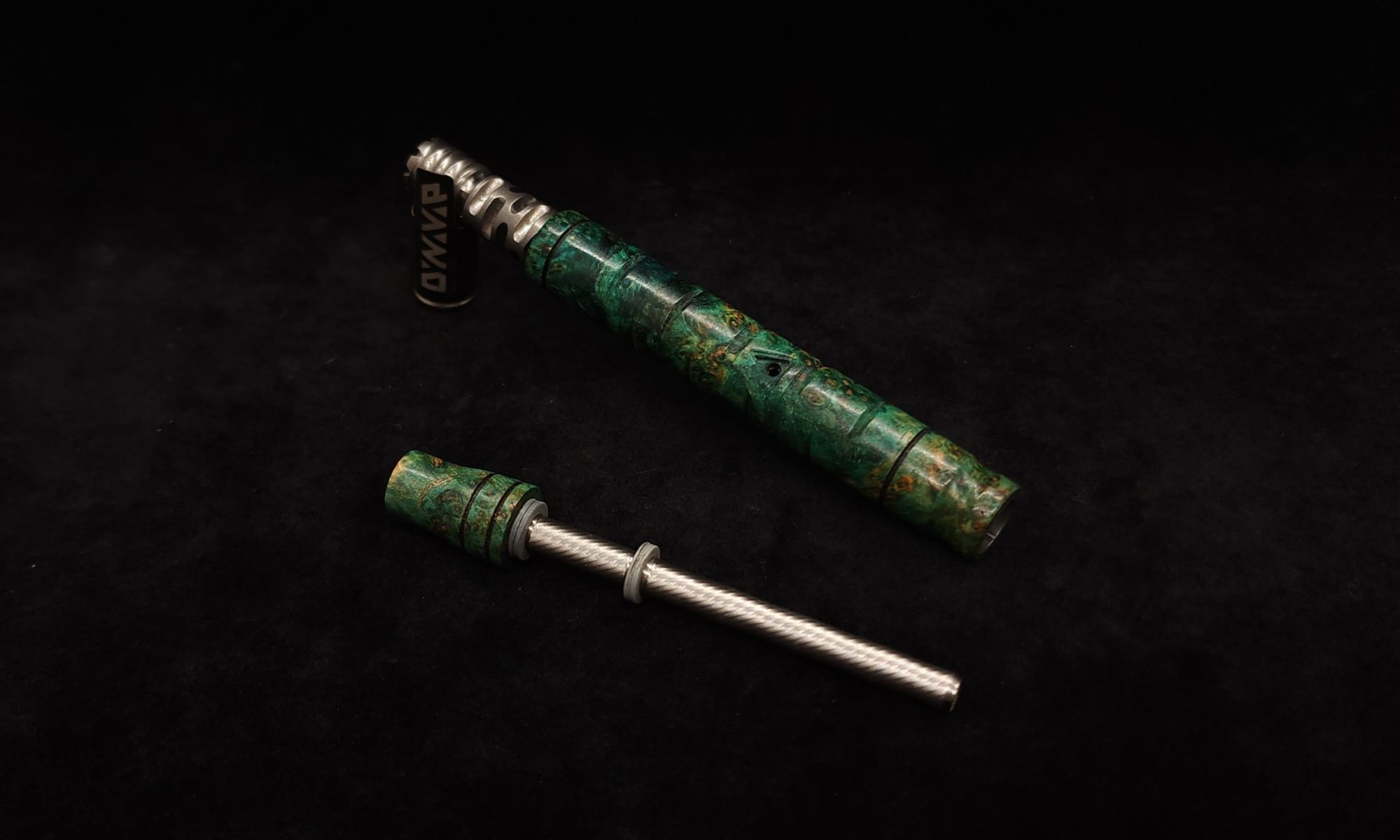 This image portrays Attenuated Dynavap XL Design Burl Stem + Matching Mouthpiece-NEW! by Dovetail Woodwork.