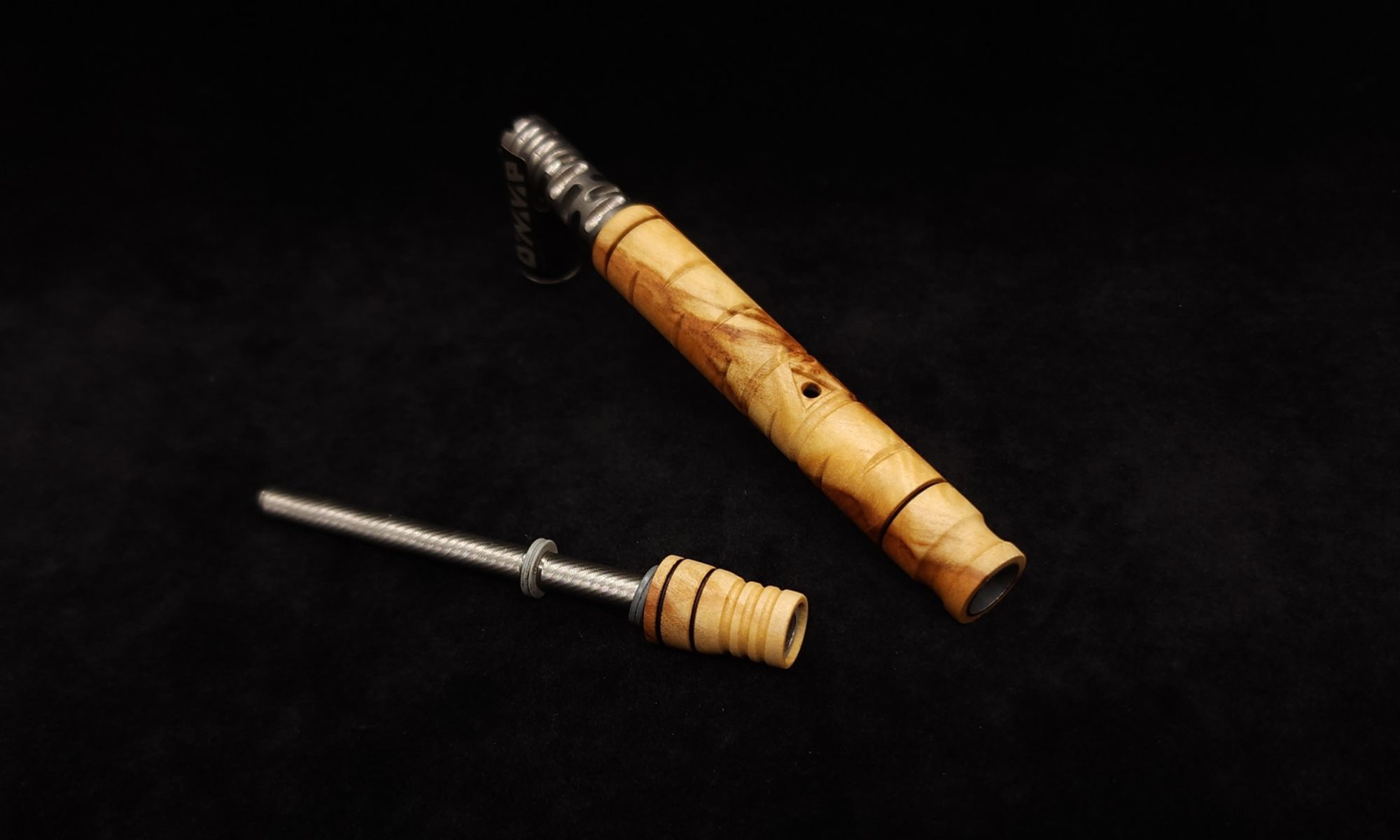 This image portrays Attenuated Dynavap XL Design Burl Stem + Matching Mouthpiece-NEW! by Dovetail Woodwork.