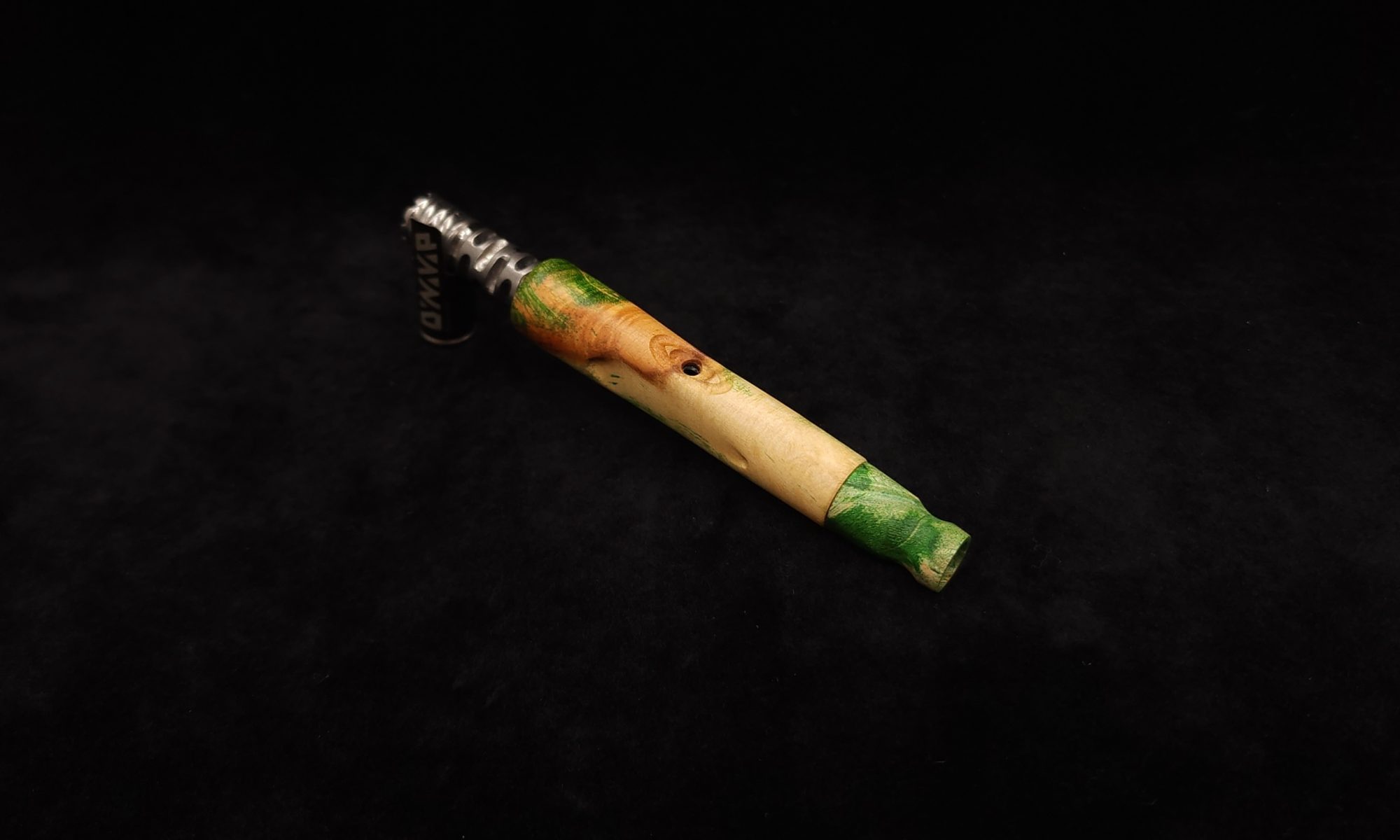 This image portrays Taper Gripped Dynavap Green Color Fade Stem + Matched Mouthpiece by Dovetail Woodwork.