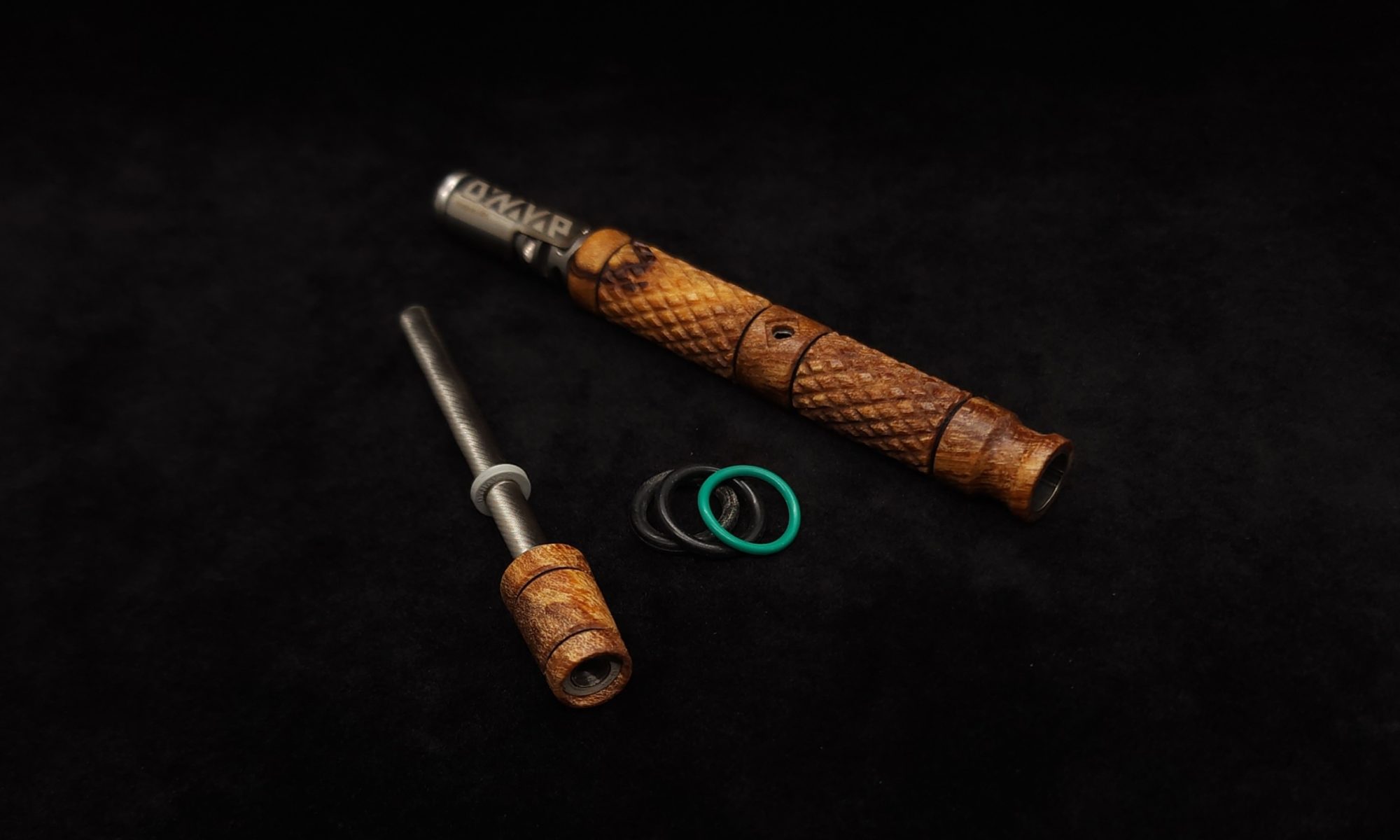 This image portrays Attenuated Dynavap XL Diamond Burl Stem + Matching Mouthpiece-NEW! by Dovetail Woodwork.