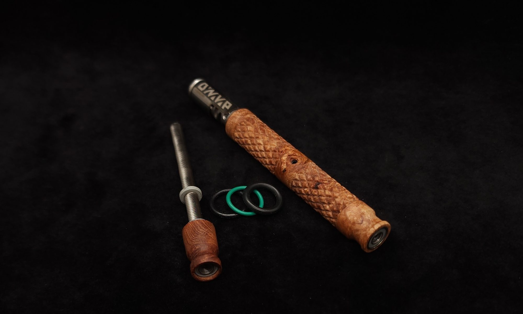 This image portrays Attenuated Dynavap XL Diamond Burl Stem + Matching Mouthpiece-NEW! by Dovetail Woodwork.