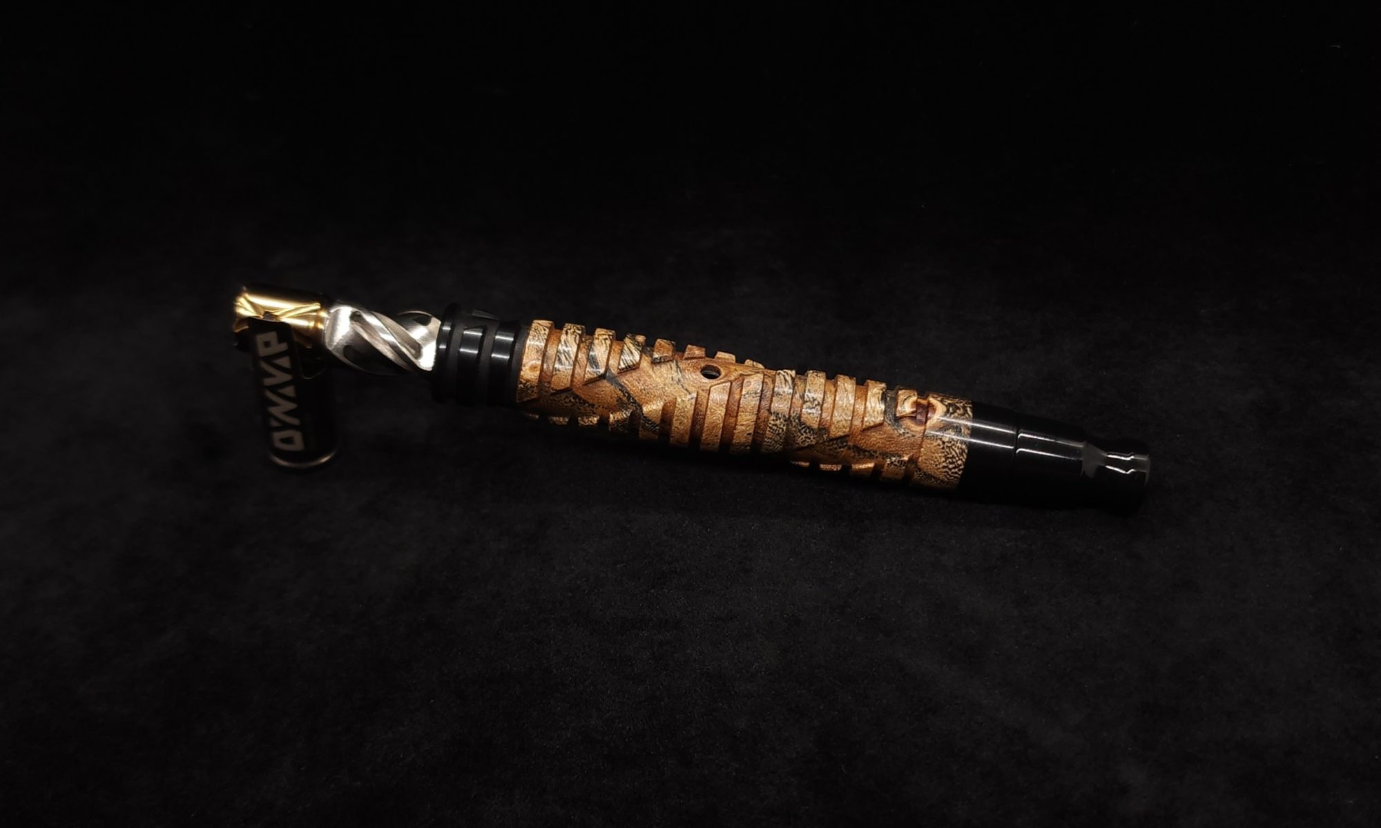 This image portrays Helix Dynavap XL Hybrid Stem/Mystery Burl + Matching Mouthpiece-NEW! by Dovetail Woodwork.