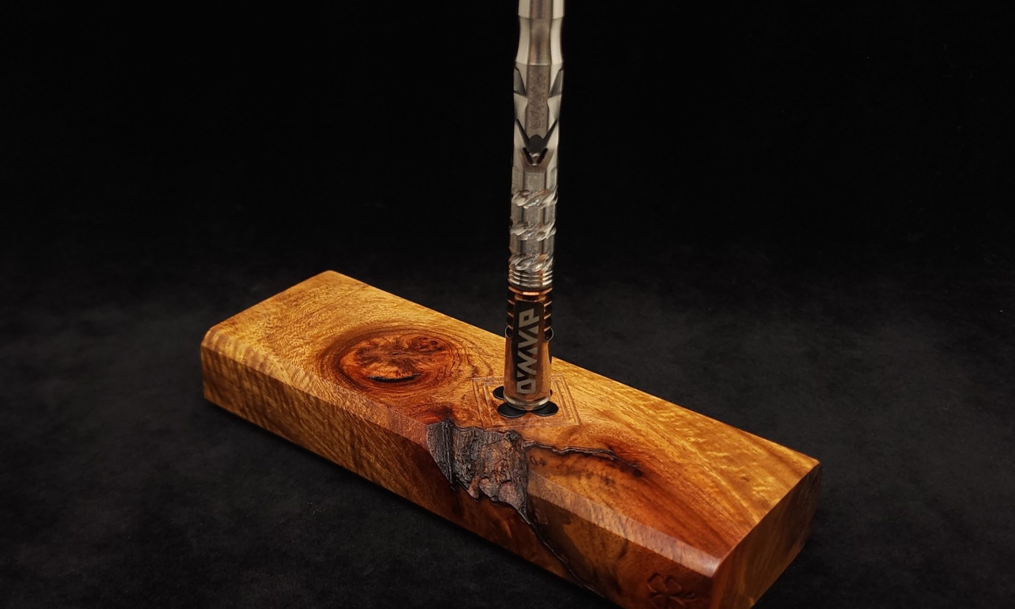 This image portrays Dynavap Device/Material Storage Case-(Standard)-Walnut Burl by Dovetail Woodwork.