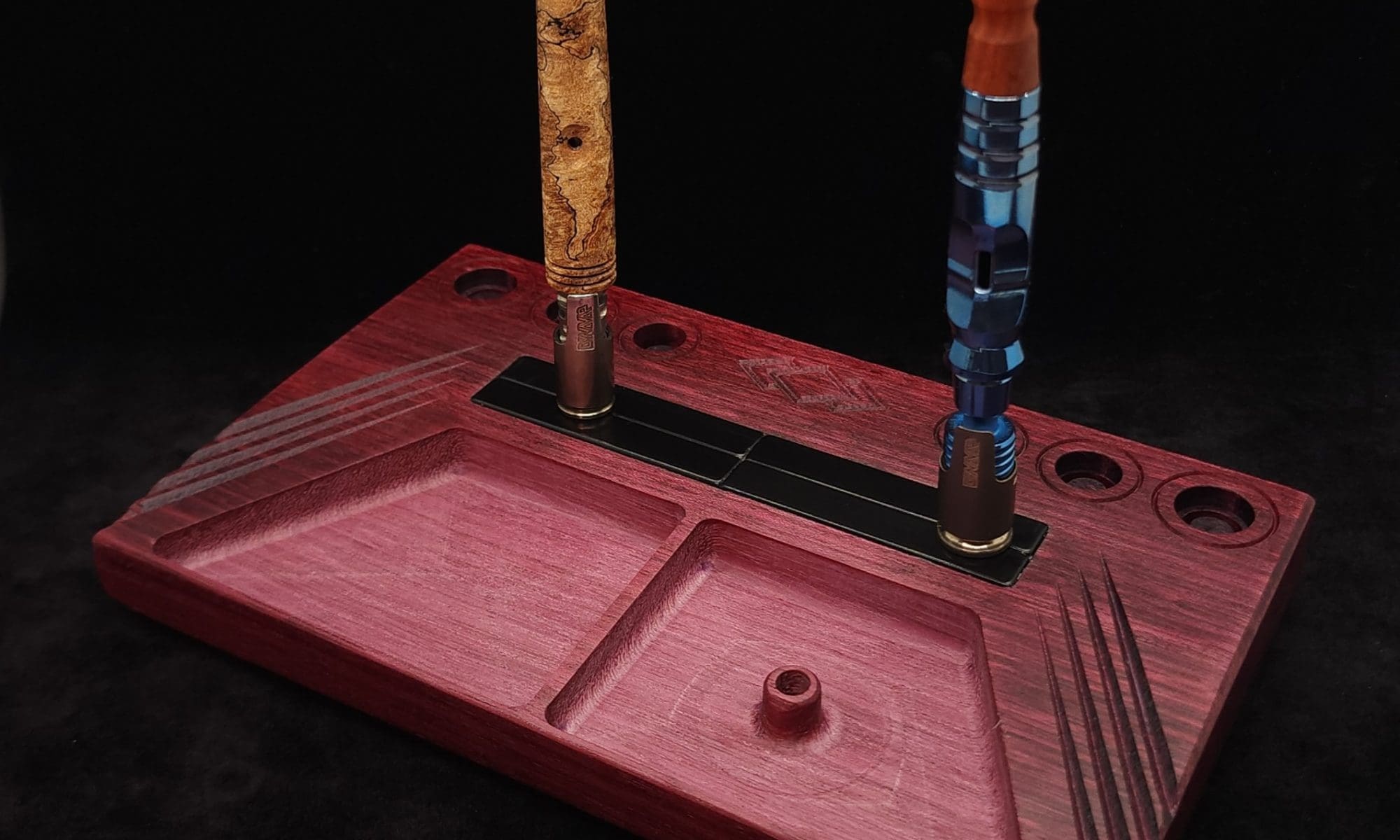 This image portrays DynaTray-Dynavap Stem Display Holder/Sorting Tray-Purpleheart Wood by Dovetail Woodwork.