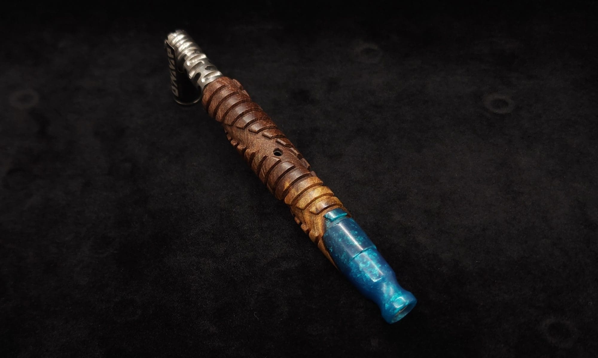 This image portrays Helix Dynavap XL Hybrid Burl Stem + Matching Mouthpiece by Dovetail Woodwork.