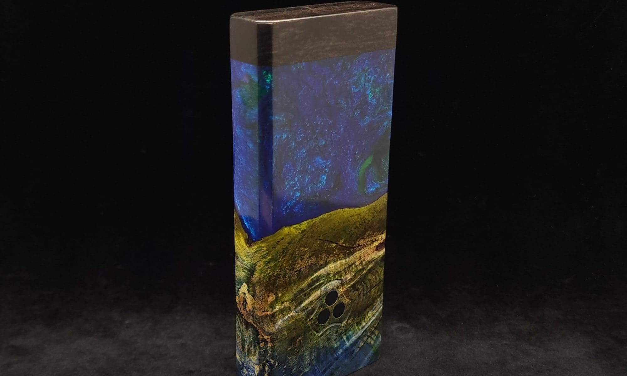 This image portrays Dynavap Device/Material Storage Case-Cosmic Burl (XL) Hybrid by Dovetail Woodwork.