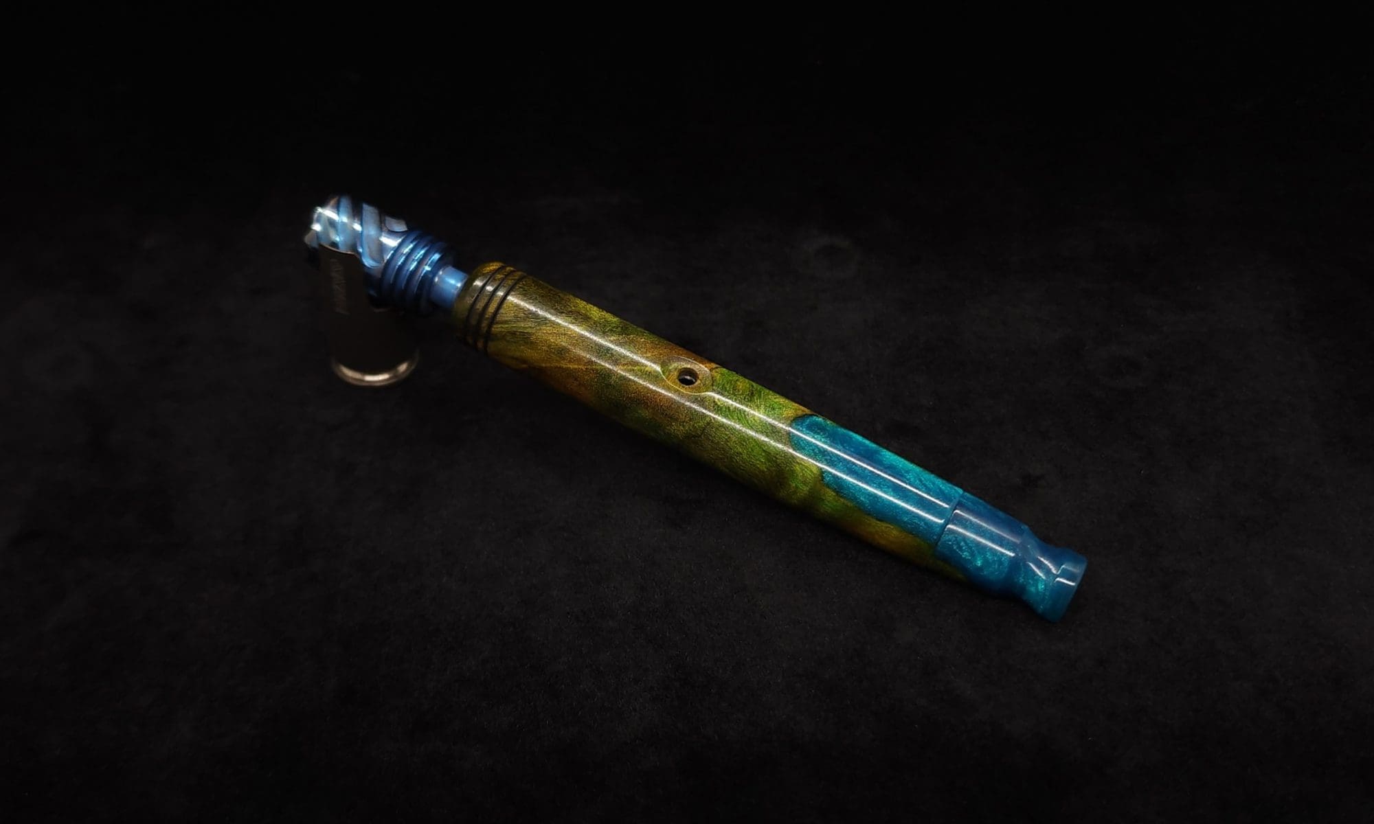 This image portrays Straight Taper Cosmic Burl XL Dynavap Stem + Matching M.P. by Dovetail Woodwork.