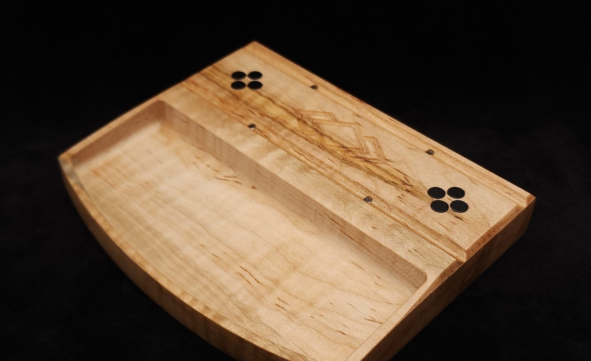 This image portrays DynaTray-Dynavap Stem Display Holder/Sorting Tray-Wavy Curly Maple Burl by Dovetail Woodwork.