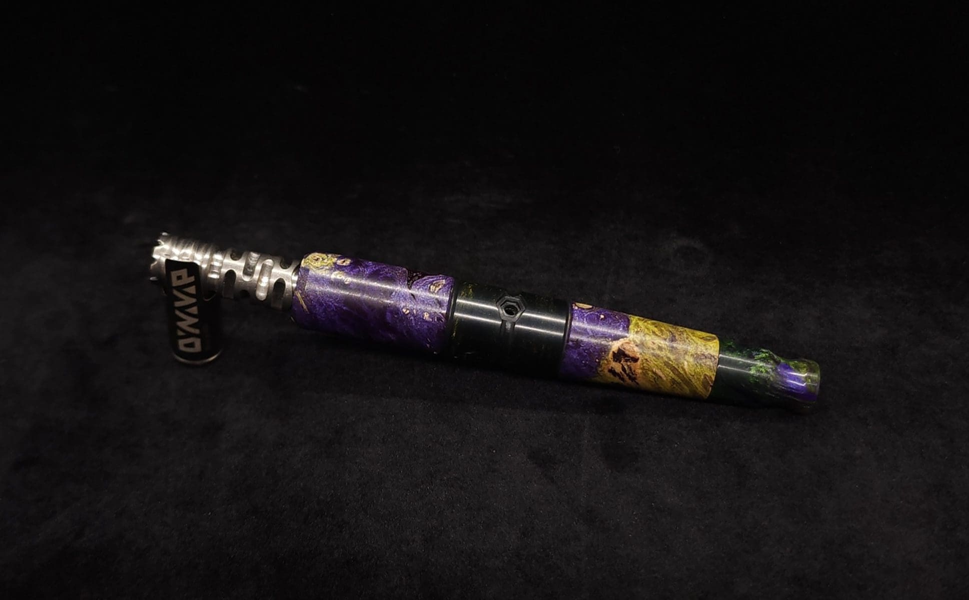 This image portrays Straight Taper Cosmic Burl XL Dynavap Stem + Matched M.P. by Dovetail Woodwork.